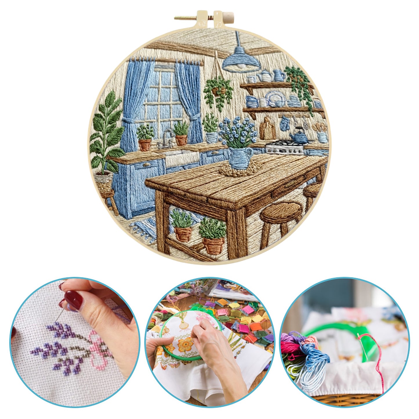 Kitchen Table - DIY Embroidery Cross Stitch Kit with Pattern Cotton Threads Needles Hoop 30x30CM/11.81x11.81in