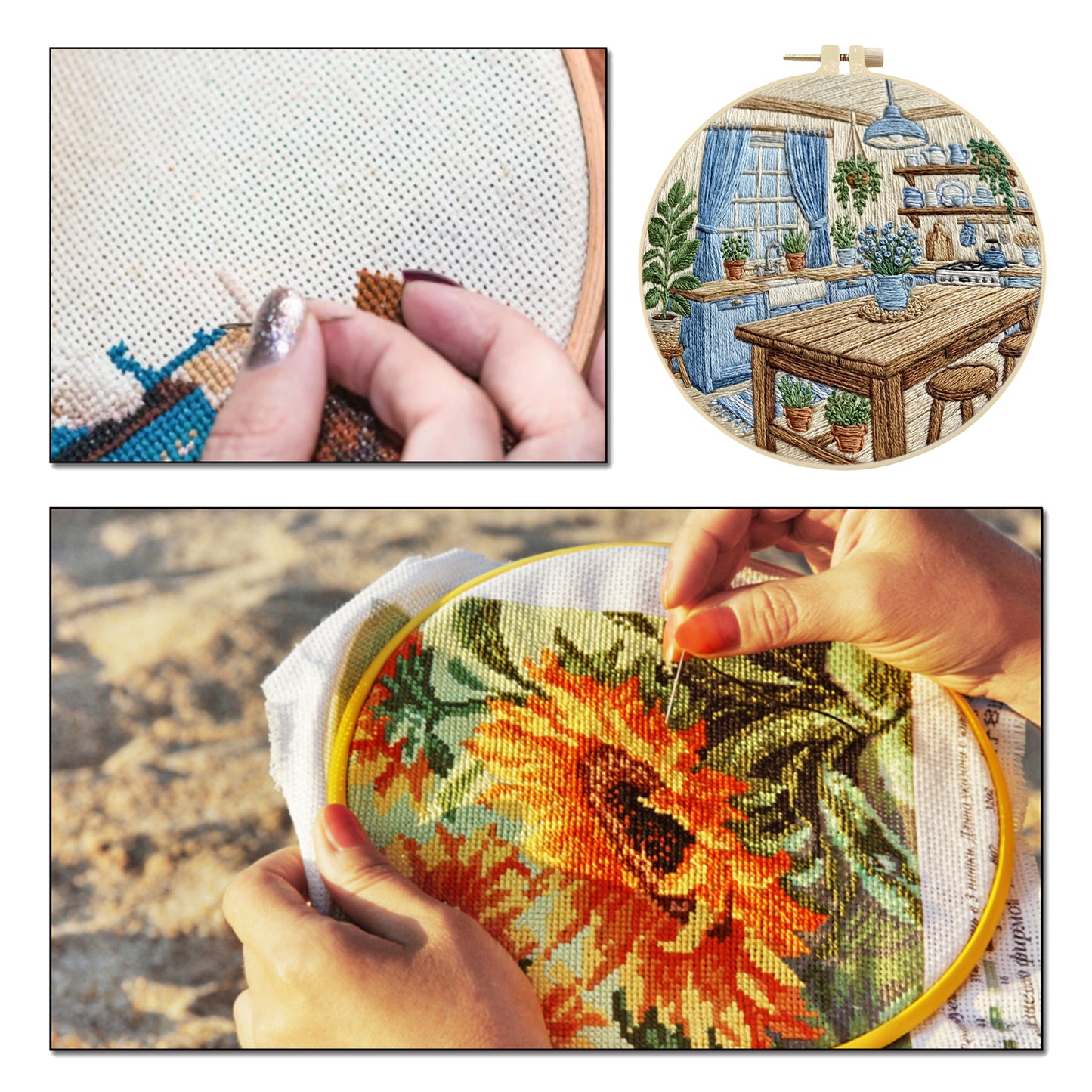 Kitchen Table - DIY Embroidery Cross Stitch Kit with Pattern Cotton Threads Needles Hoop 30x30CM/11.81x11.81in
