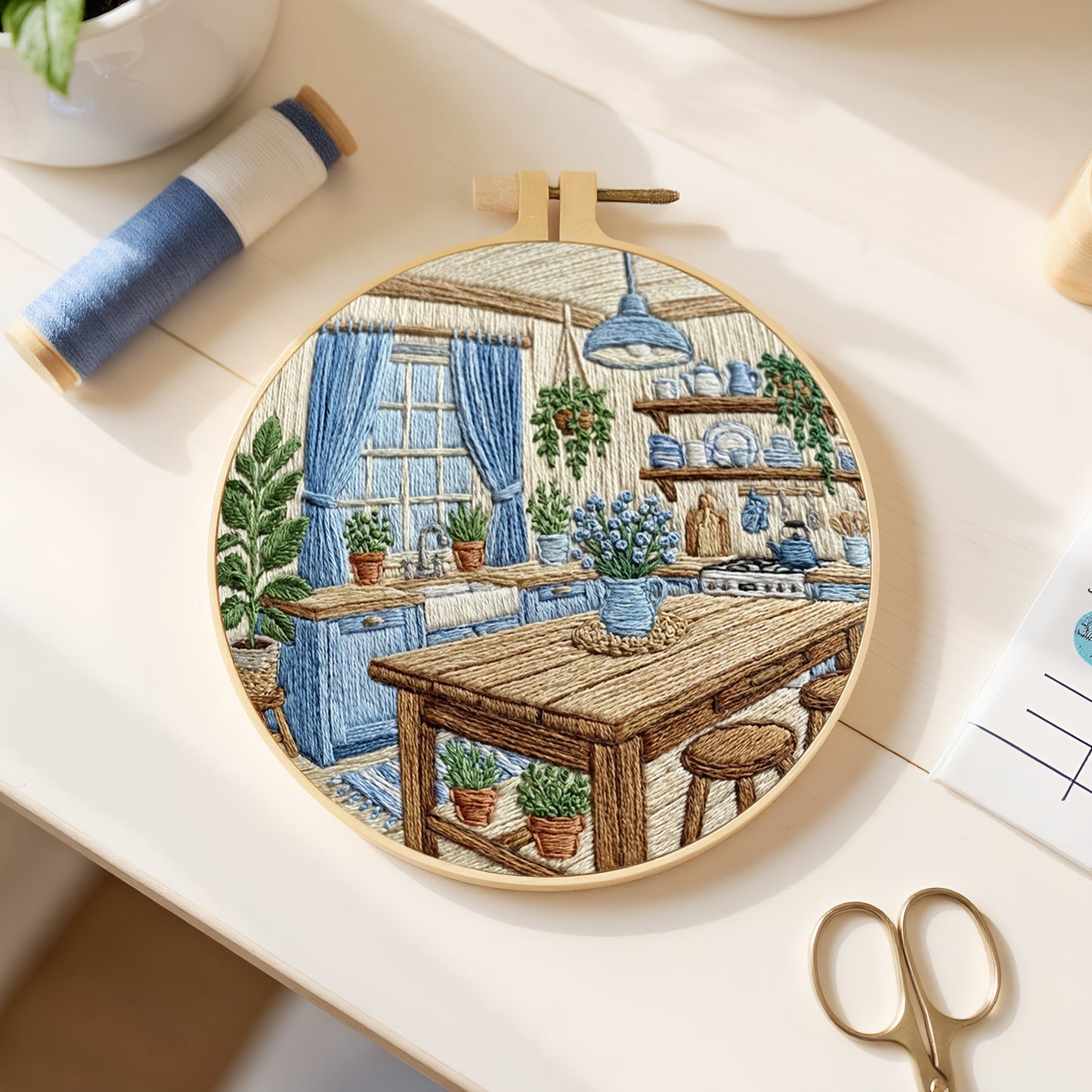 Kitchen Table - DIY Embroidery Cross Stitch Kit with Pattern Cotton Threads Needles Hoop 30x30CM/11.81x11.81in