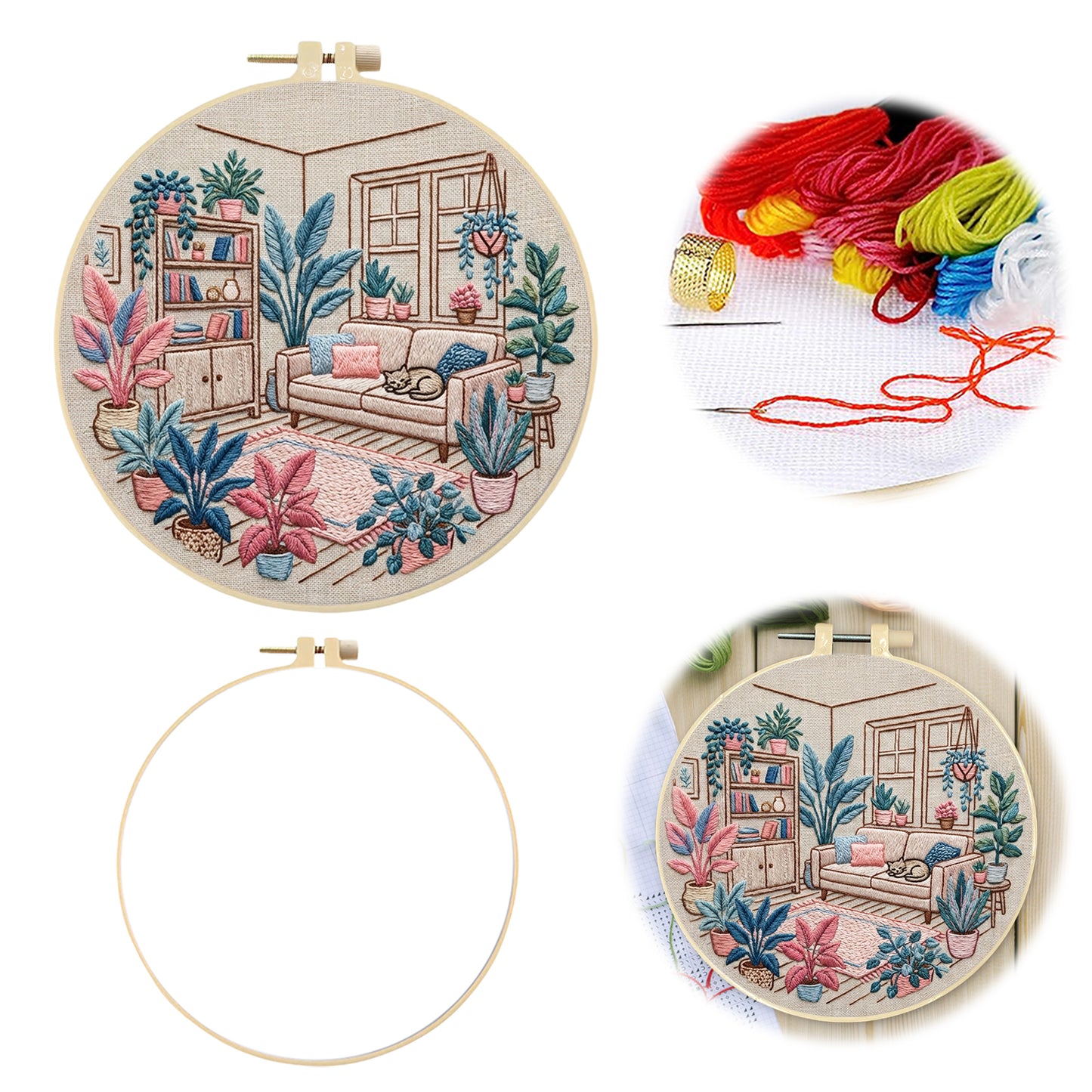 Living Room - DIY Embroidery Cross Stitch Kit with Pattern Cotton Threads Needles Hoop 30x30CM/11.81x11.81in