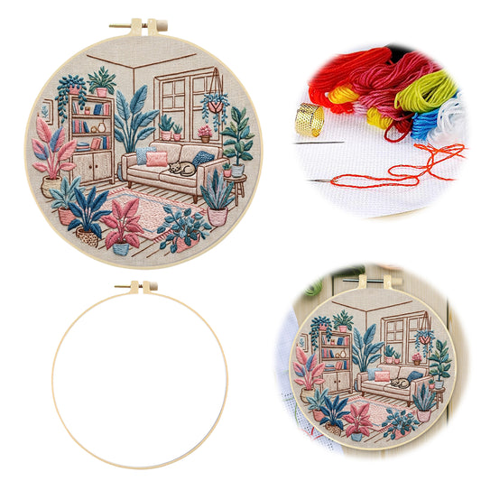 Living Room - DIY Embroidery Cross Stitch Kit with Pattern Cotton Threads Needles Hoop 30x30CM/11.81x11.81in