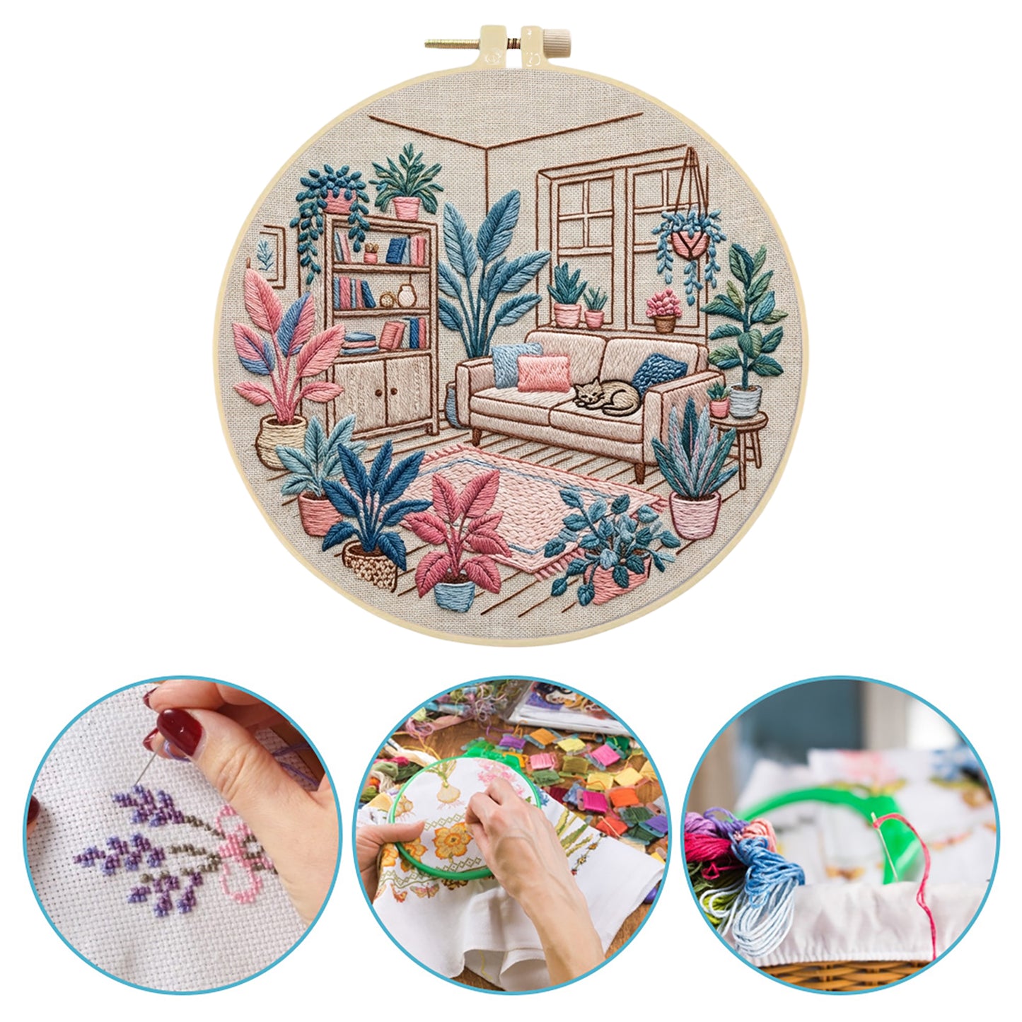 Living Room - DIY Embroidery Cross Stitch Kit with Pattern Cotton Threads Needles Hoop 30x30CM/11.81x11.81in