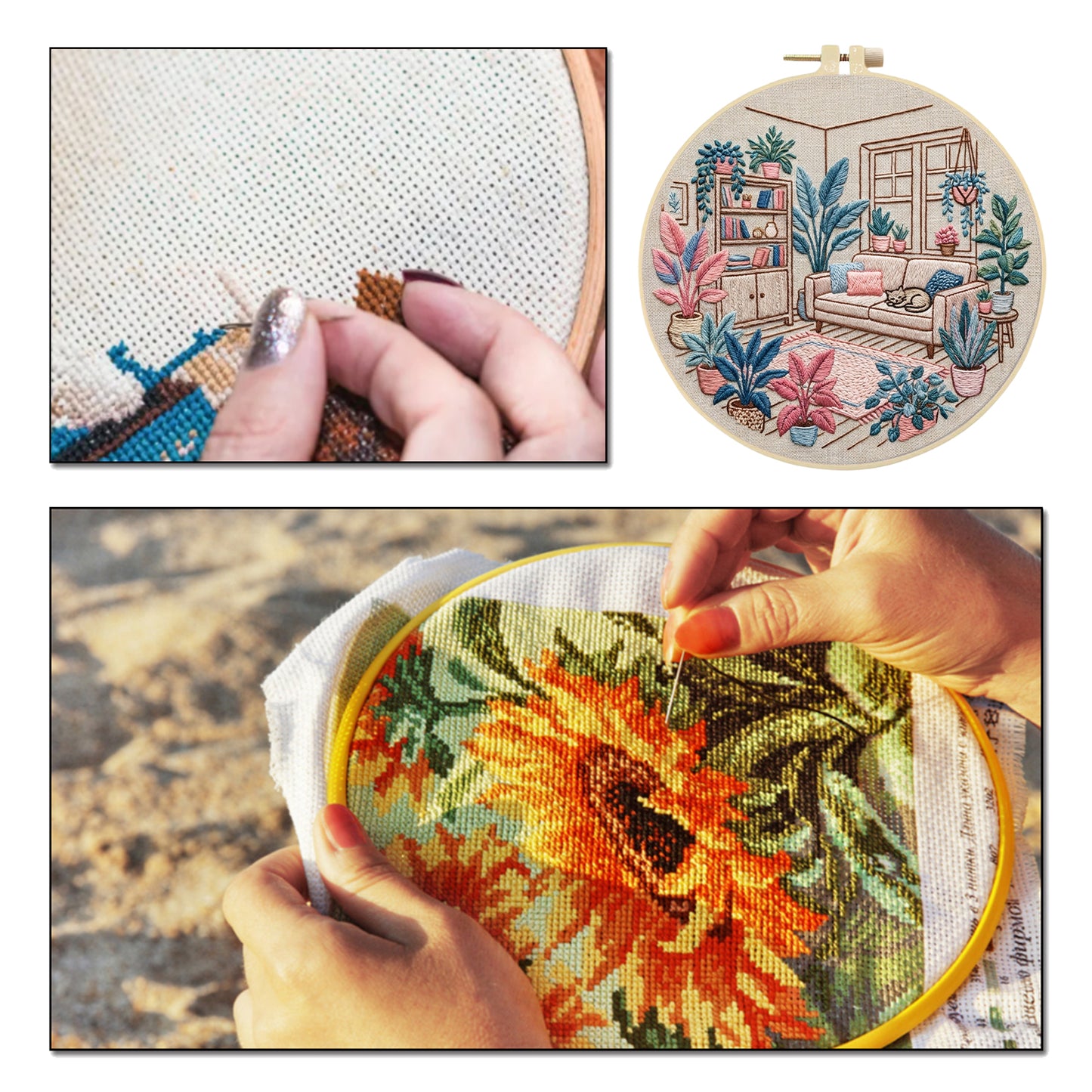 Living Room - DIY Embroidery Cross Stitch Kit with Pattern Cotton Threads Needles Hoop 30x30CM/11.81x11.81in