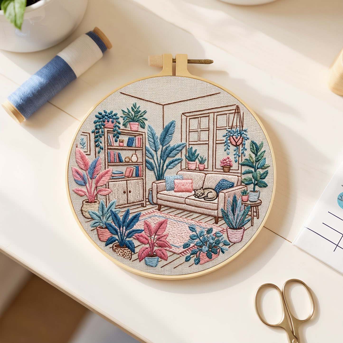 Living Room - DIY Embroidery Cross Stitch Kit with Pattern Cotton Threads Needles Hoop 30x30CM/11.81x11.81in