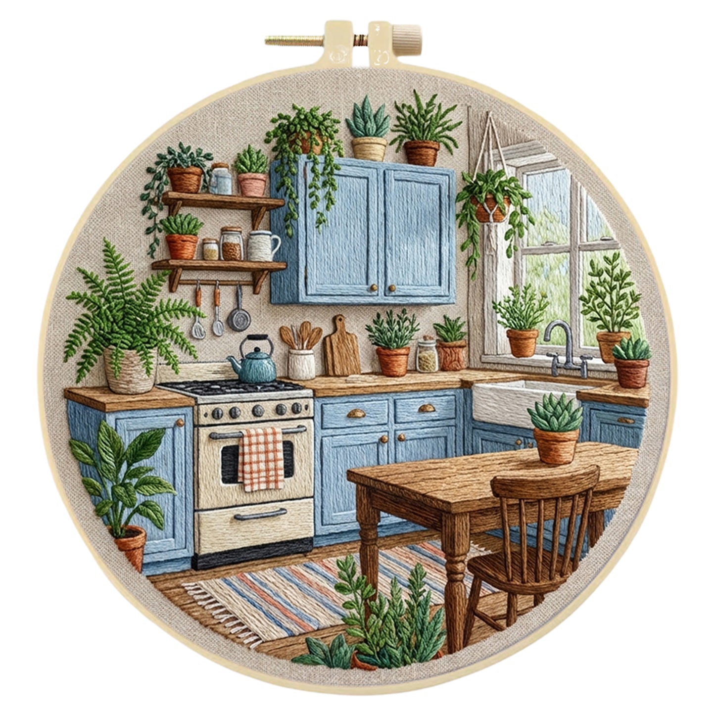 Blue Kitchen - DIY Embroidery Cross Stitch Kit with Pattern Cotton Threads Needles Hoop 30x30CM/11.81x11.81in