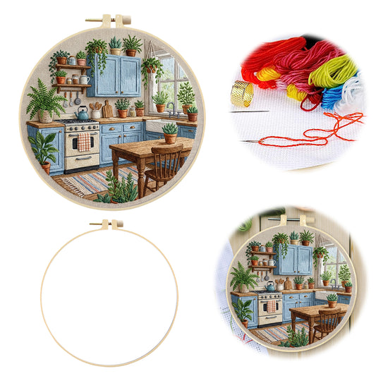Blue Kitchen - DIY Embroidery Cross Stitch Kit with Pattern Cotton Threads Needles Hoop 30x30CM/11.81x11.81in