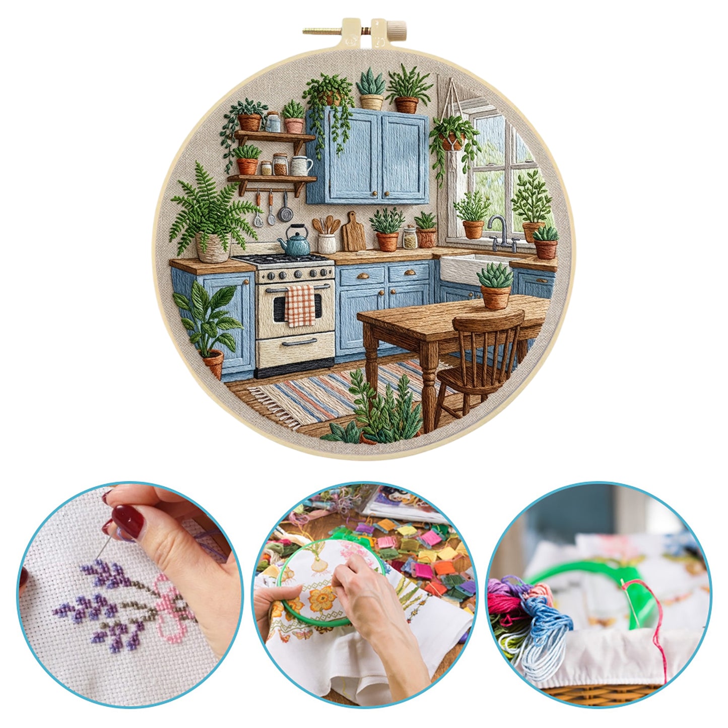 Blue Kitchen - DIY Embroidery Cross Stitch Kit with Pattern Cotton Threads Needles Hoop 30x30CM/11.81x11.81in