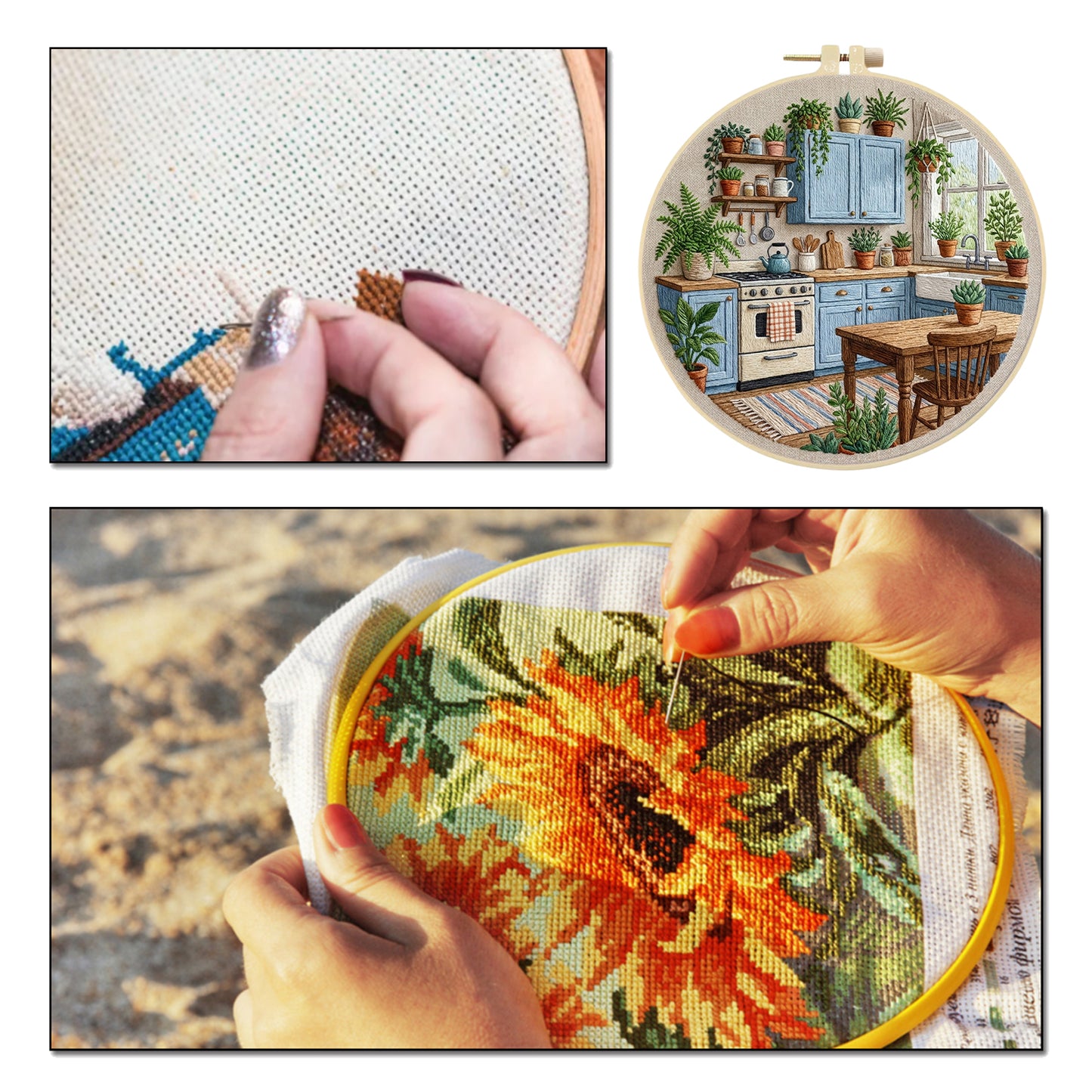 Blue Kitchen - DIY Embroidery Cross Stitch Kit with Pattern Cotton Threads Needles Hoop 30x30CM/11.81x11.81in
