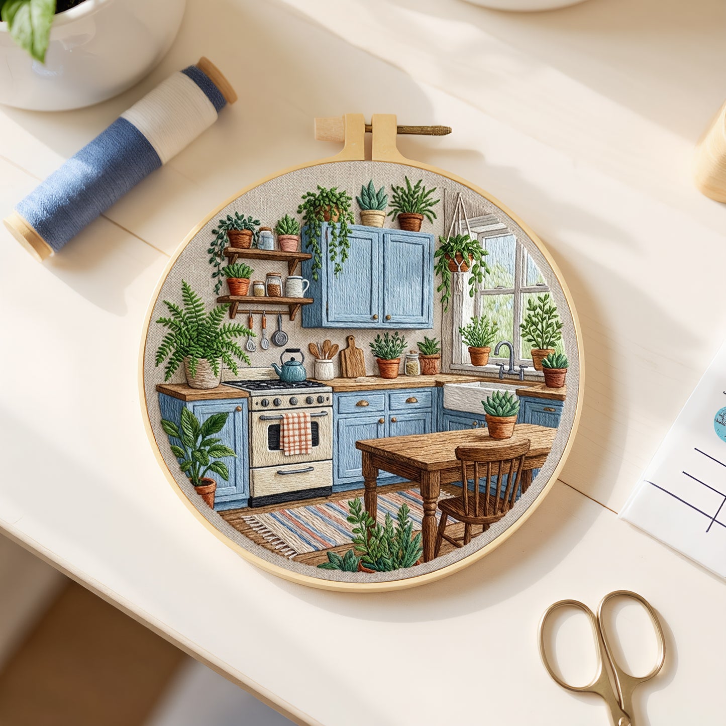 Blue Kitchen - DIY Embroidery Cross Stitch Kit with Pattern Cotton Threads Needles Hoop 30x30CM/11.81x11.81in