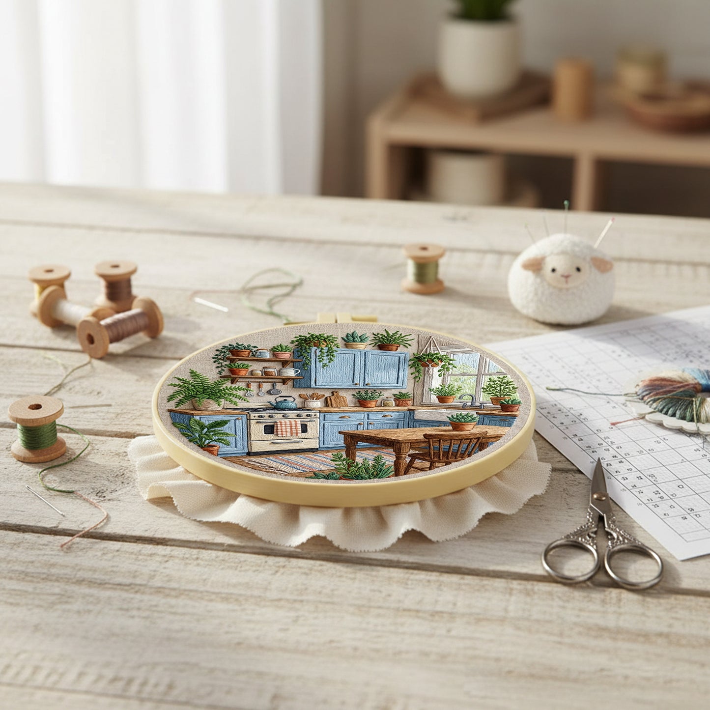 Blue Kitchen - DIY Embroidery Cross Stitch Kit with Pattern Cotton Threads Needles Hoop 30x30CM/11.81x11.81in
