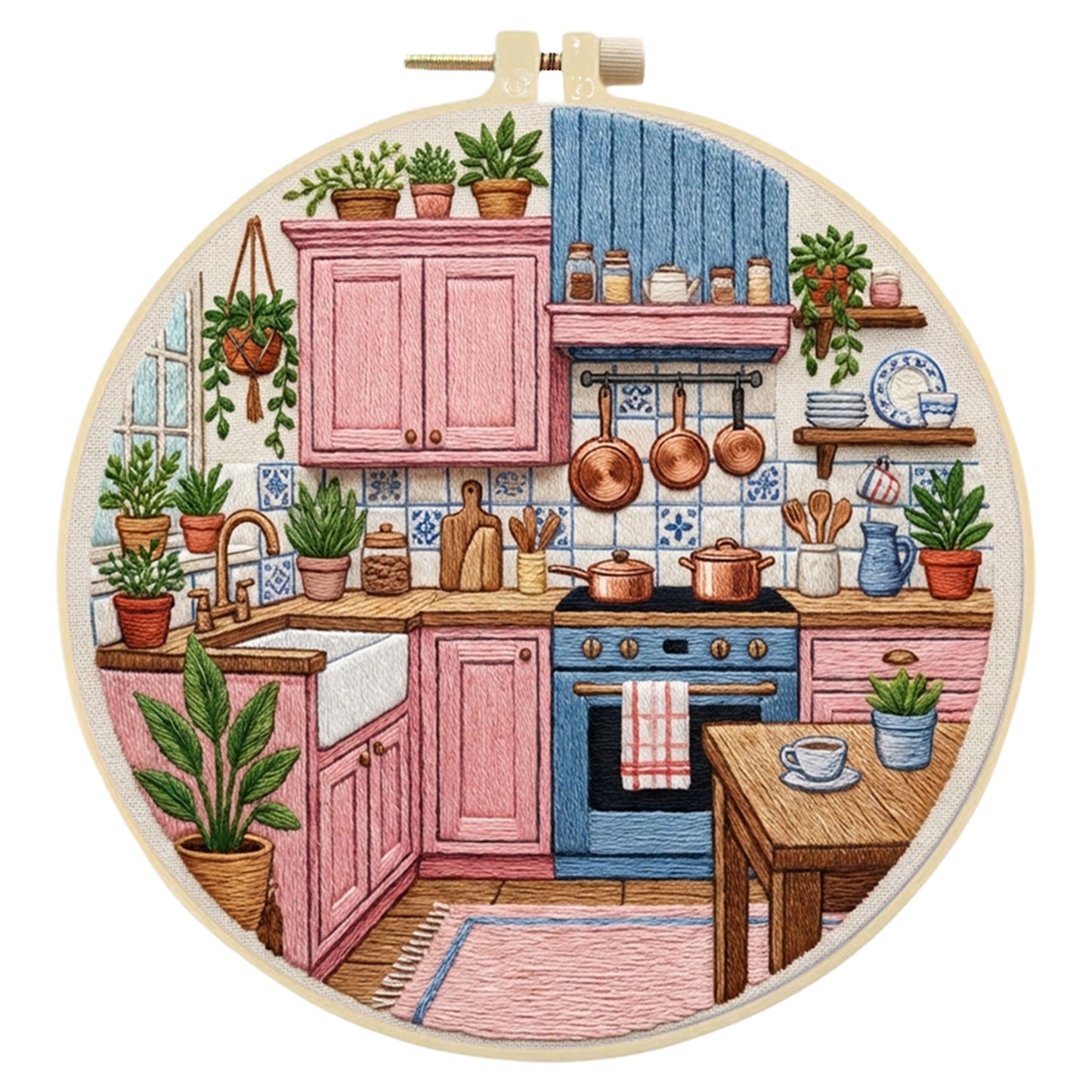 Pink Kitchen - DIY Embroidery Cross Stitch Kit with Pattern Cotton Threads Needles Hoop 30x30CM/11.81x11.81in
