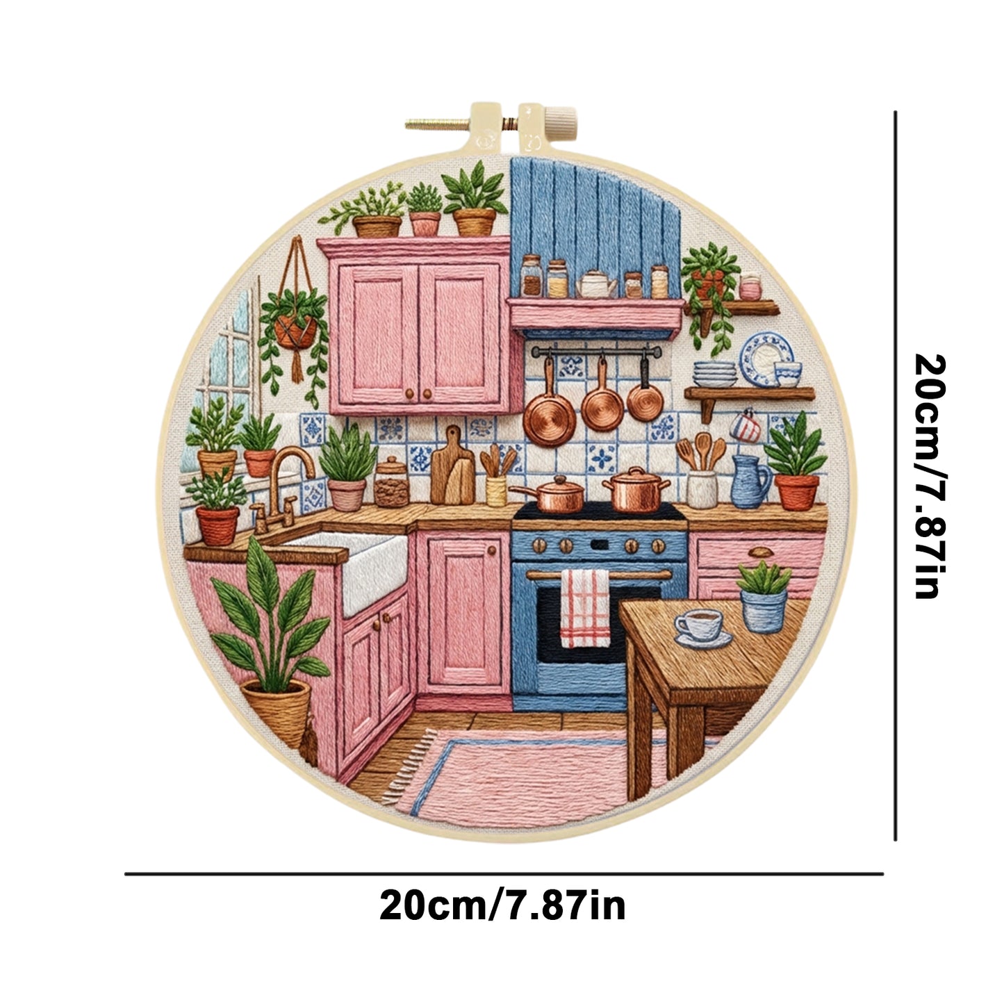 Pink Kitchen - DIY Embroidery Cross Stitch Kit with Pattern Cotton Threads Needles Hoop 30x30CM/11.81x11.81in
