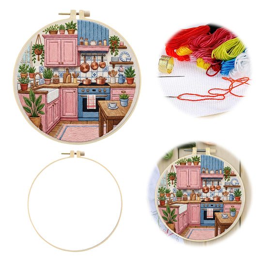 Pink Kitchen - DIY Embroidery Cross Stitch Kit with Pattern Cotton Threads Needles Hoop 30x30CM/11.81x11.81in