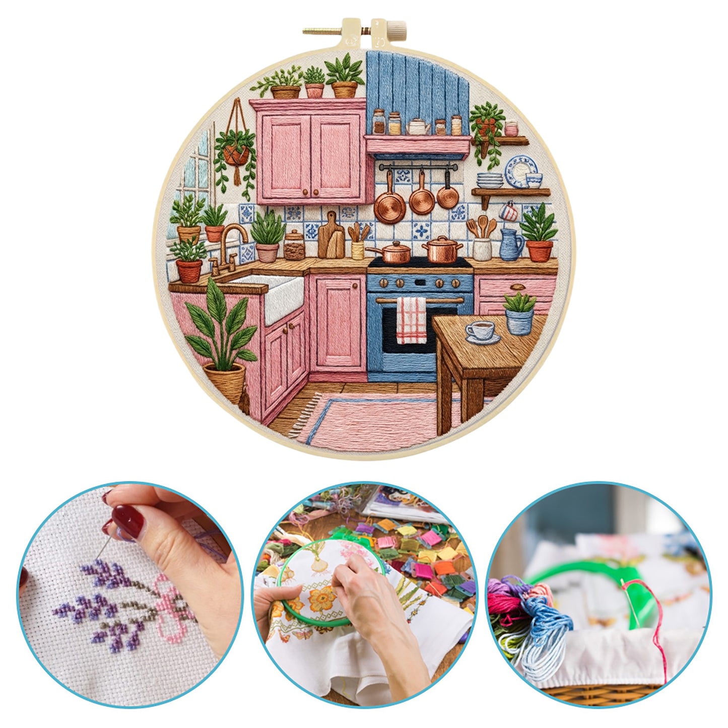 Pink Kitchen - DIY Embroidery Cross Stitch Kit with Pattern Cotton Threads Needles Hoop 30x30CM/11.81x11.81in