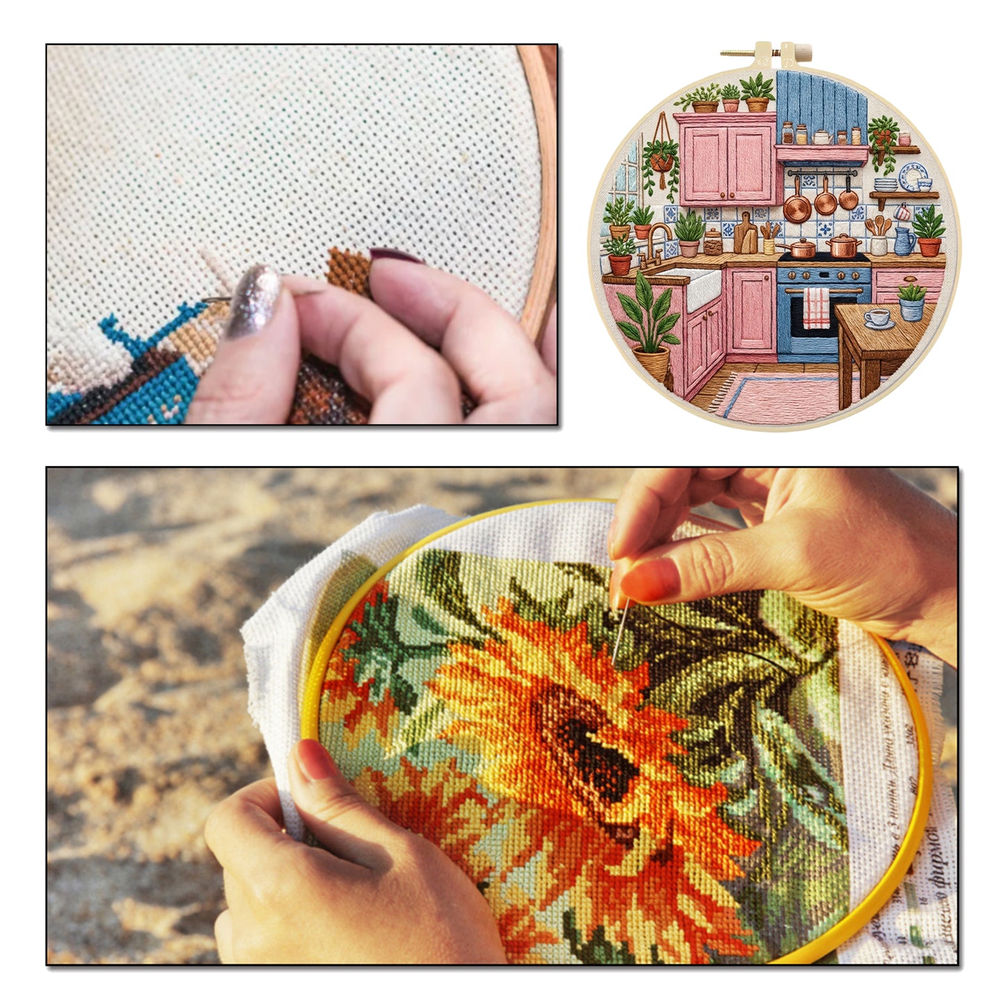 Pink Kitchen - DIY Embroidery Cross Stitch Kit with Pattern Cotton Threads Needles Hoop 30x30CM/11.81x11.81in