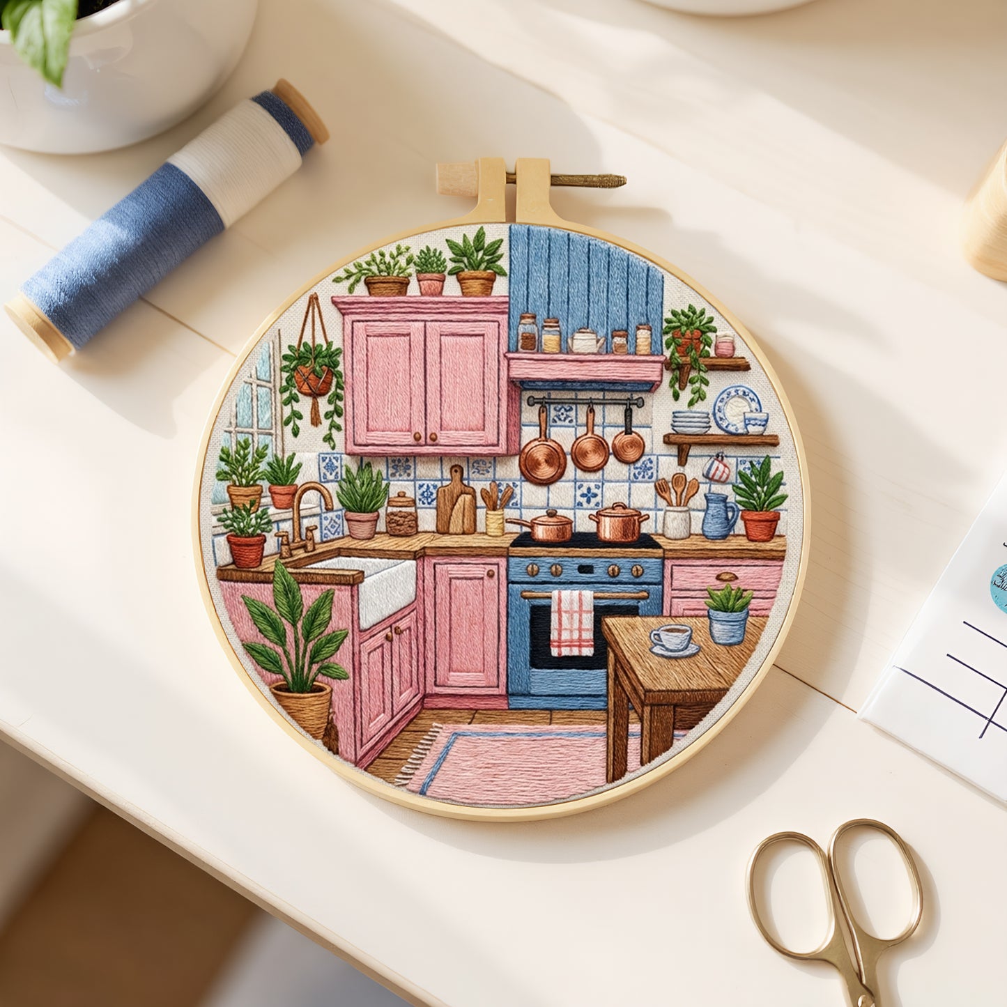 Pink Kitchen - DIY Embroidery Cross Stitch Kit with Pattern Cotton Threads Needles Hoop 30x30CM/11.81x11.81in