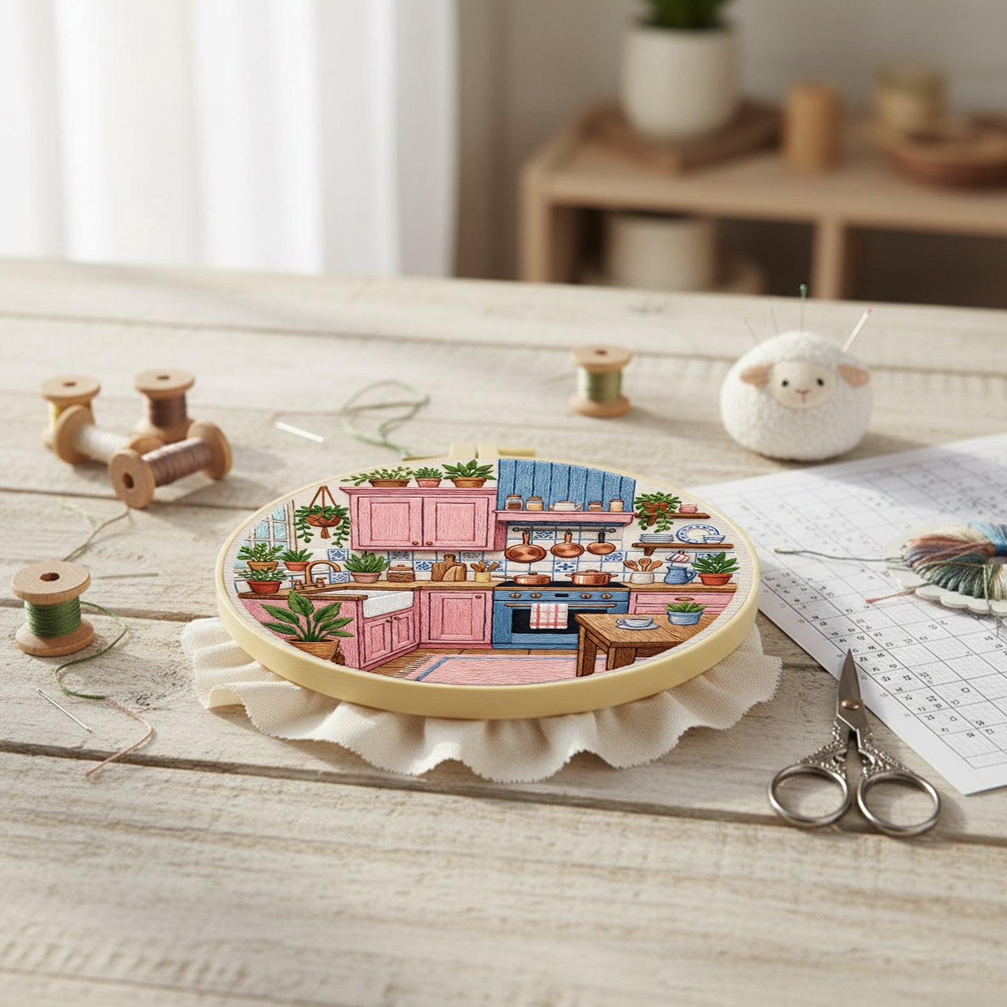 Pink Kitchen - DIY Embroidery Cross Stitch Kit with Pattern Cotton Threads Needles Hoop 30x30CM/11.81x11.81in