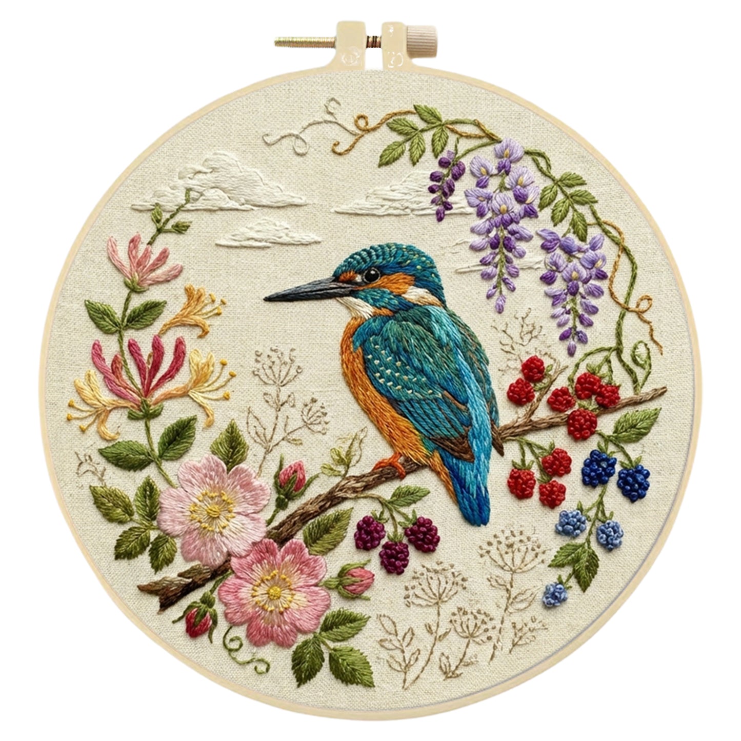 Alcedo Atthis - DIY Embroidery Cross Stitch Kit with Pattern Cotton Threads Needles Hoop 30x30CM/11.81x11.81in
