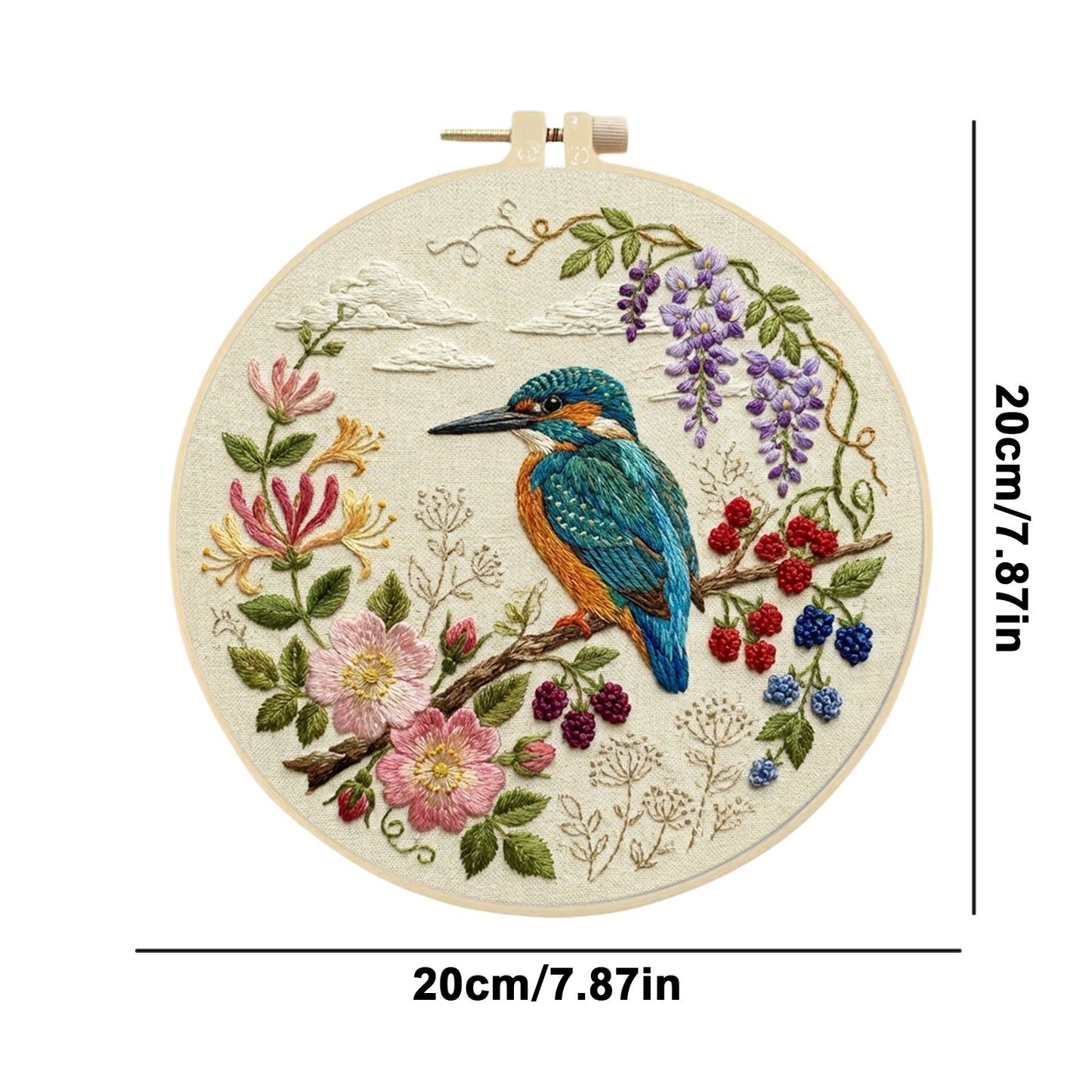 Alcedo Atthis - DIY Embroidery Cross Stitch Kit with Pattern Cotton Threads Needles Hoop 30x30CM/11.81x11.81in
