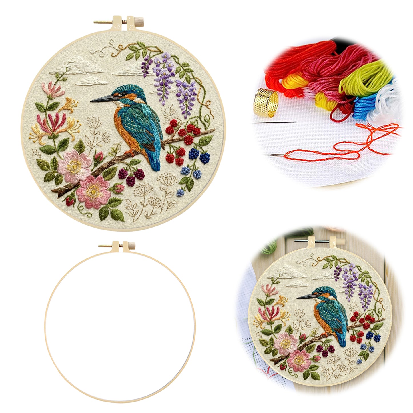 Alcedo Atthis - DIY Embroidery Cross Stitch Kit with Pattern Cotton Threads Needles Hoop 30x30CM/11.81x11.81in