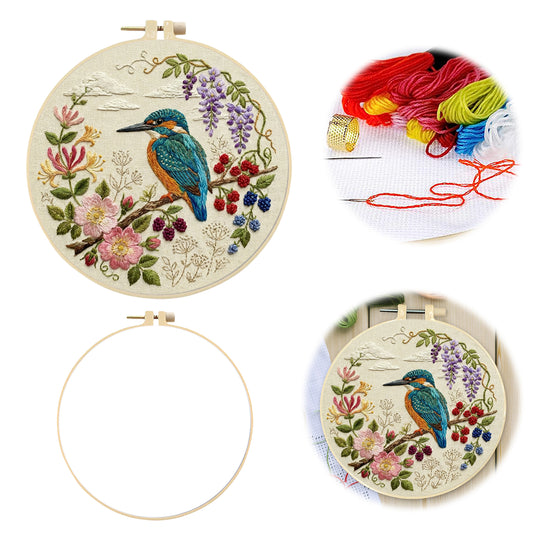 Alcedo Atthis - DIY Embroidery Cross Stitch Kit with Pattern Cotton Threads Needles Hoop 30x30CM/11.81x11.81in