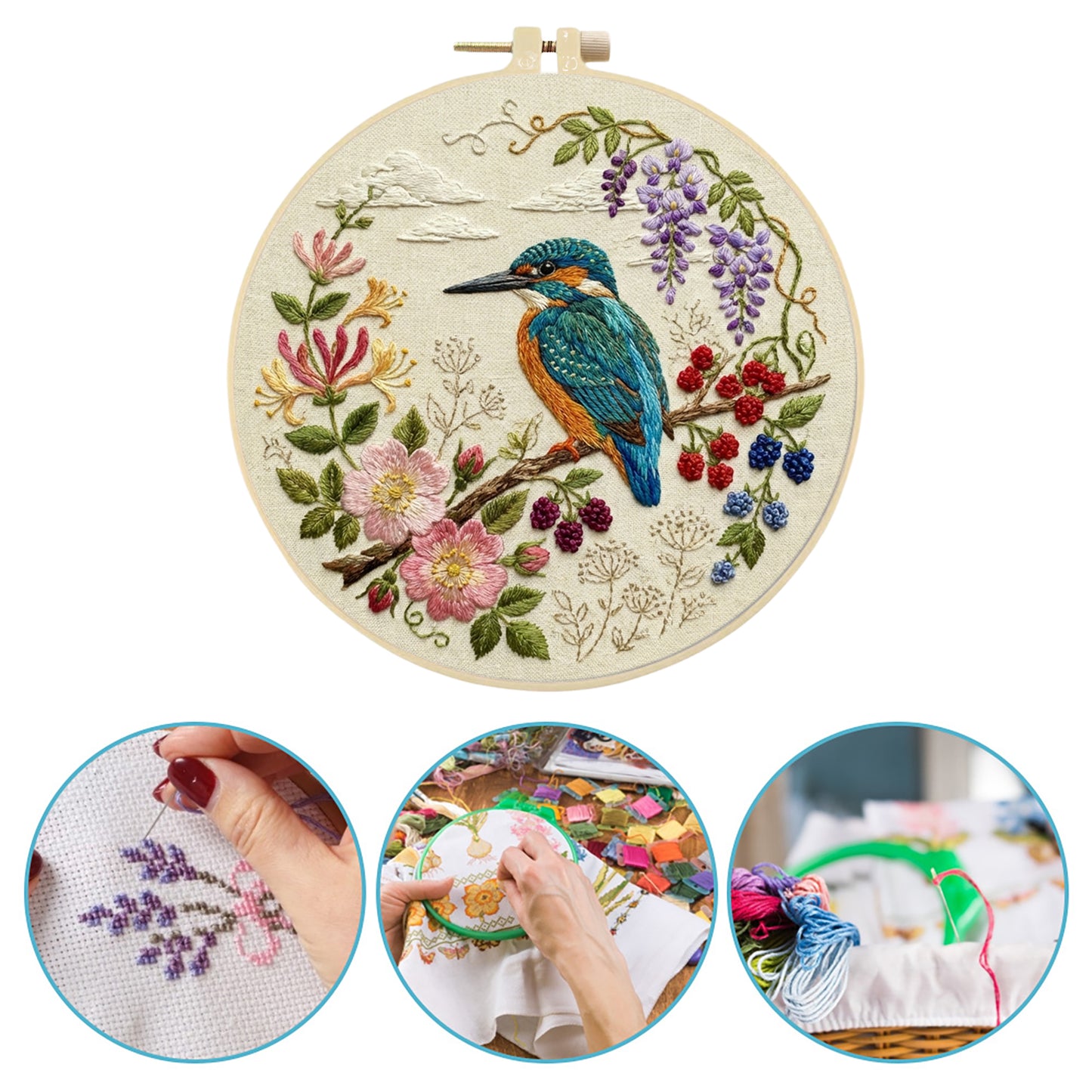 Alcedo Atthis - DIY Embroidery Cross Stitch Kit with Pattern Cotton Threads Needles Hoop 30x30CM/11.81x11.81in