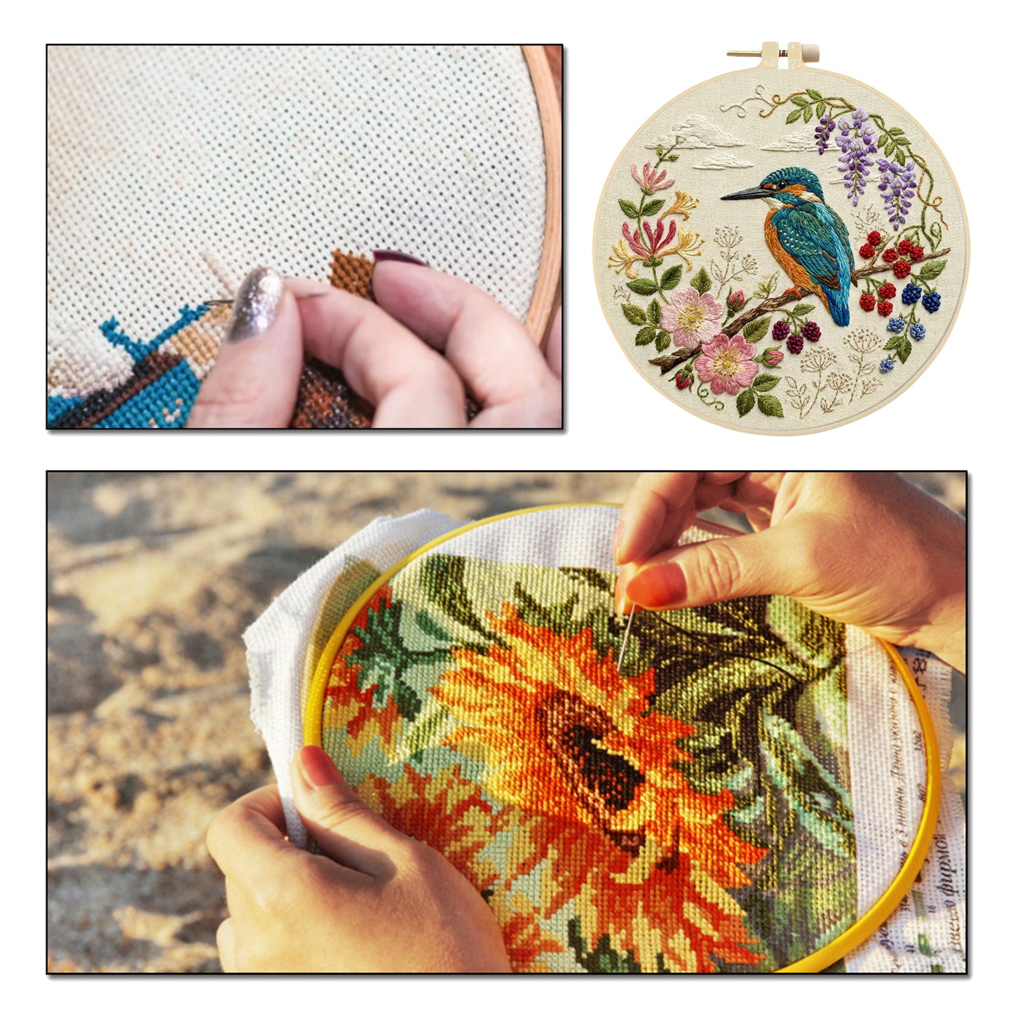 Alcedo Atthis - DIY Embroidery Cross Stitch Kit with Pattern Cotton Threads Needles Hoop 30x30CM/11.81x11.81in