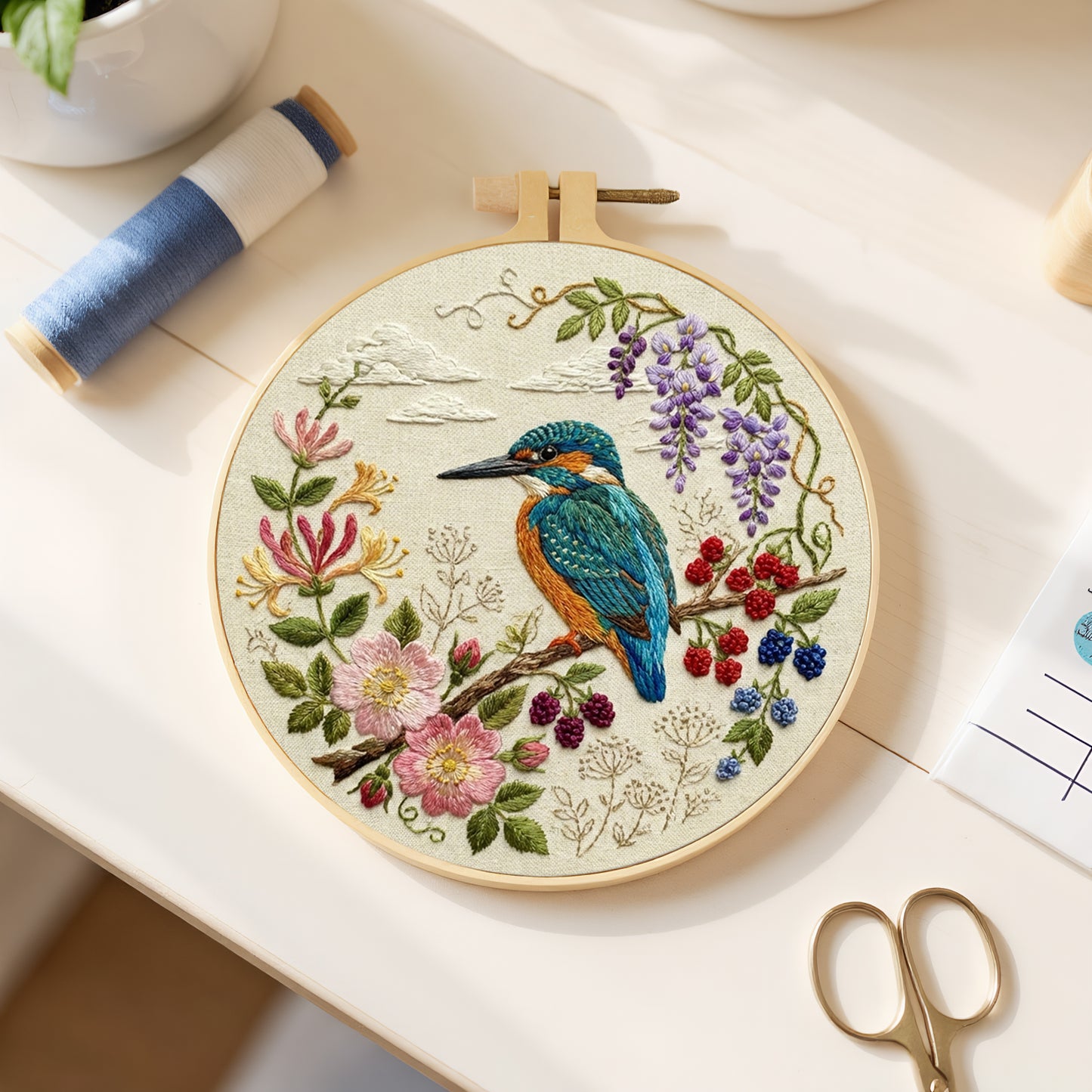 Alcedo Atthis - DIY Embroidery Cross Stitch Kit with Pattern Cotton Threads Needles Hoop 30x30CM/11.81x11.81in