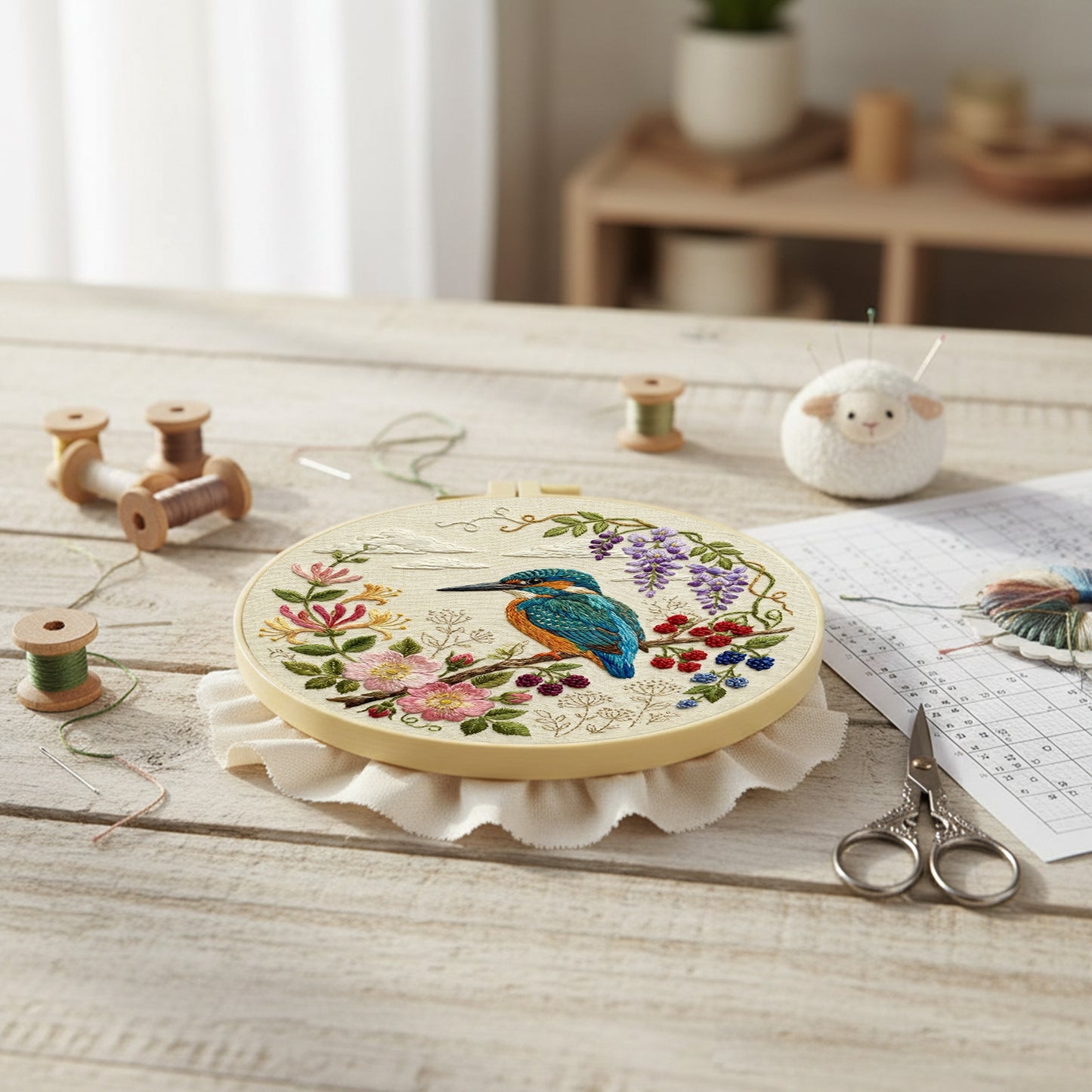 Alcedo Atthis - DIY Embroidery Cross Stitch Kit with Pattern Cotton Threads Needles Hoop 30x30CM/11.81x11.81in