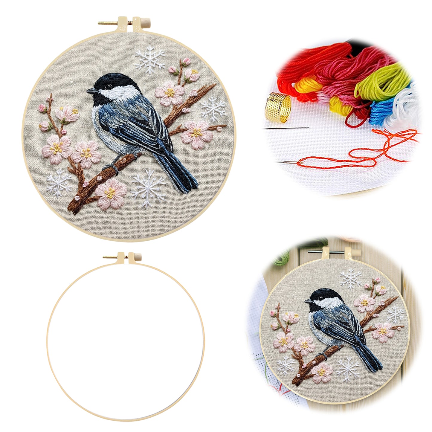 Black-Capped Chickadee - DIY Embroidery Cross Stitch Kit with Pattern Cotton Threads Needles Hoop 30x30CM/11.81x11.81in