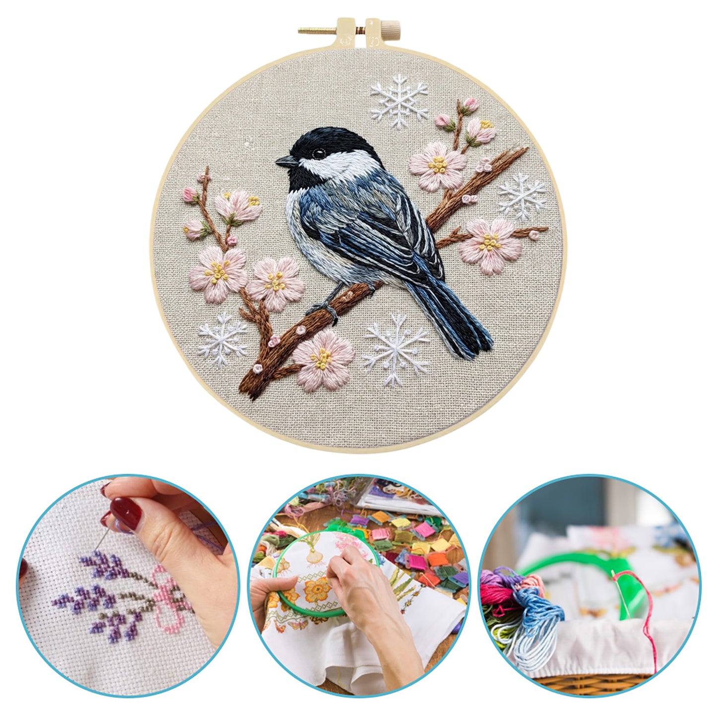 Black-Capped Chickadee - DIY Embroidery Cross Stitch Kit with Pattern Cotton Threads Needles Hoop 30x30CM/11.81x11.81in