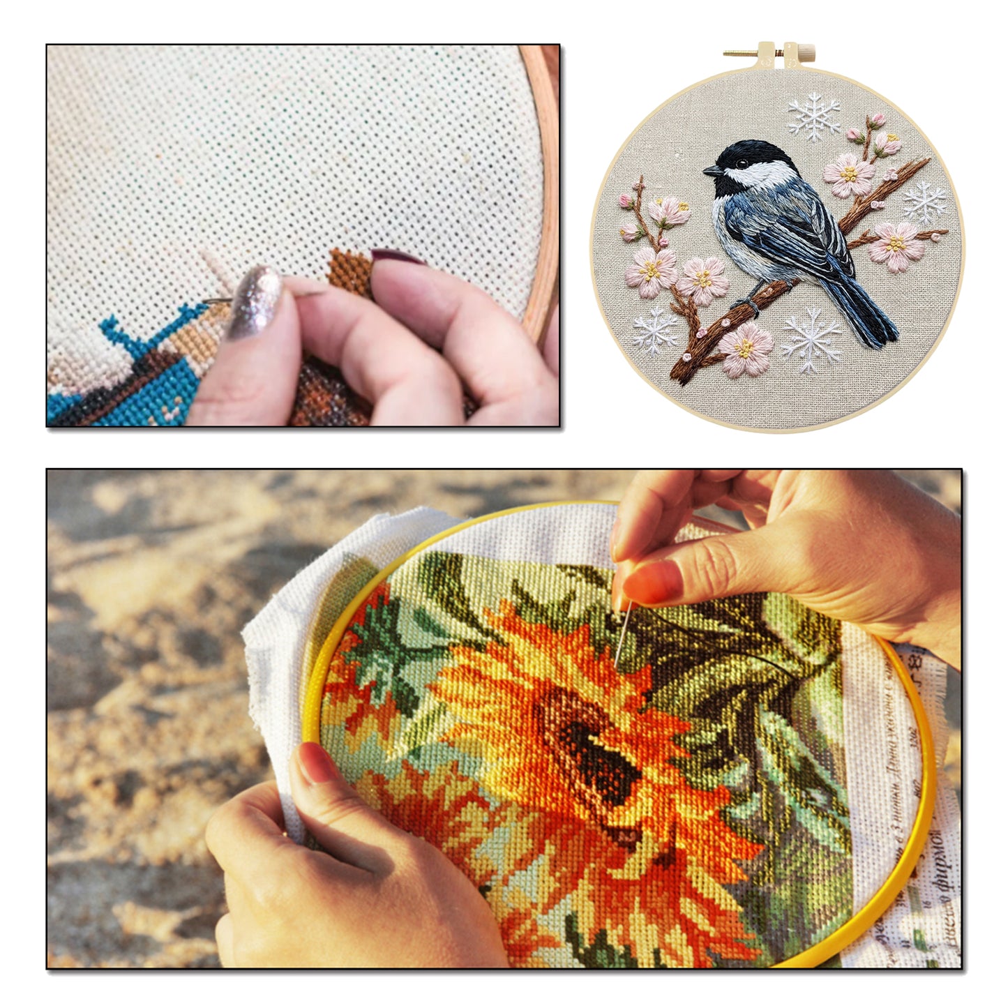 Black-Capped Chickadee - DIY Embroidery Cross Stitch Kit with Pattern Cotton Threads Needles Hoop 30x30CM/11.81x11.81in