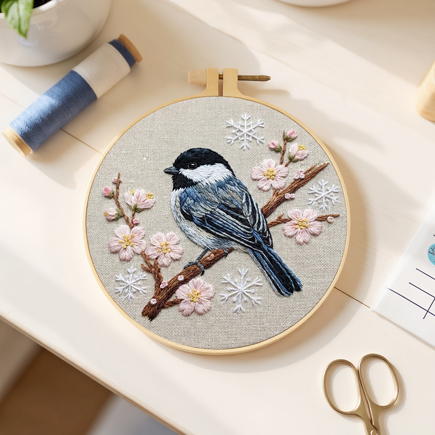 Black-Capped Chickadee - DIY Embroidery Cross Stitch Kit with Pattern Cotton Threads Needles Hoop 30x30CM/11.81x11.81in