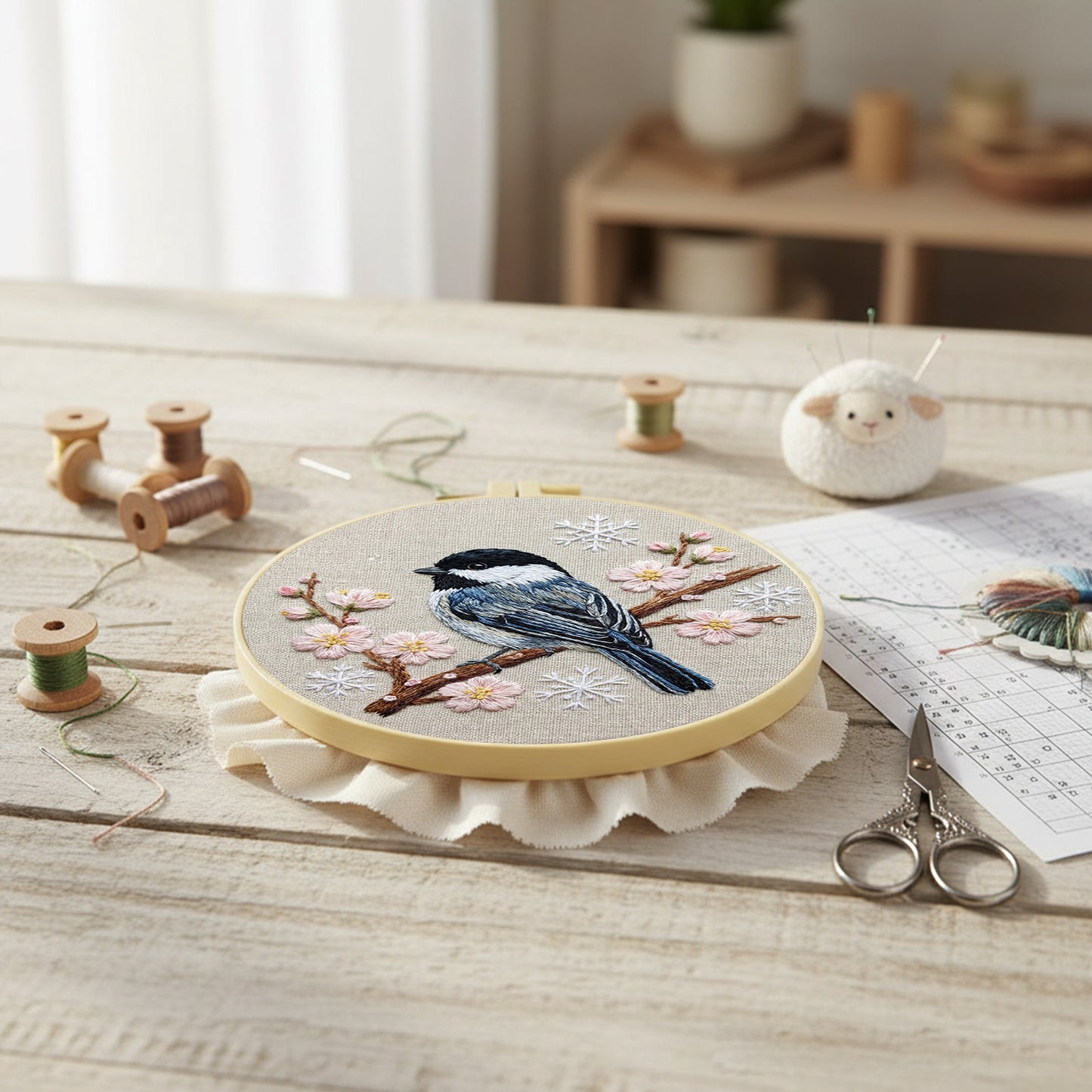 Black-Capped Chickadee - DIY Embroidery Cross Stitch Kit with Pattern Cotton Threads Needles Hoop 30x30CM/11.81x11.81in