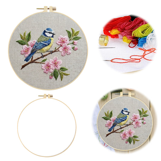 Cyanistes Caeruleus - DIY Embroidery Cross Stitch Kit with Pattern Cotton Threads Needles Hoop 30x30CM/11.81x11.81in