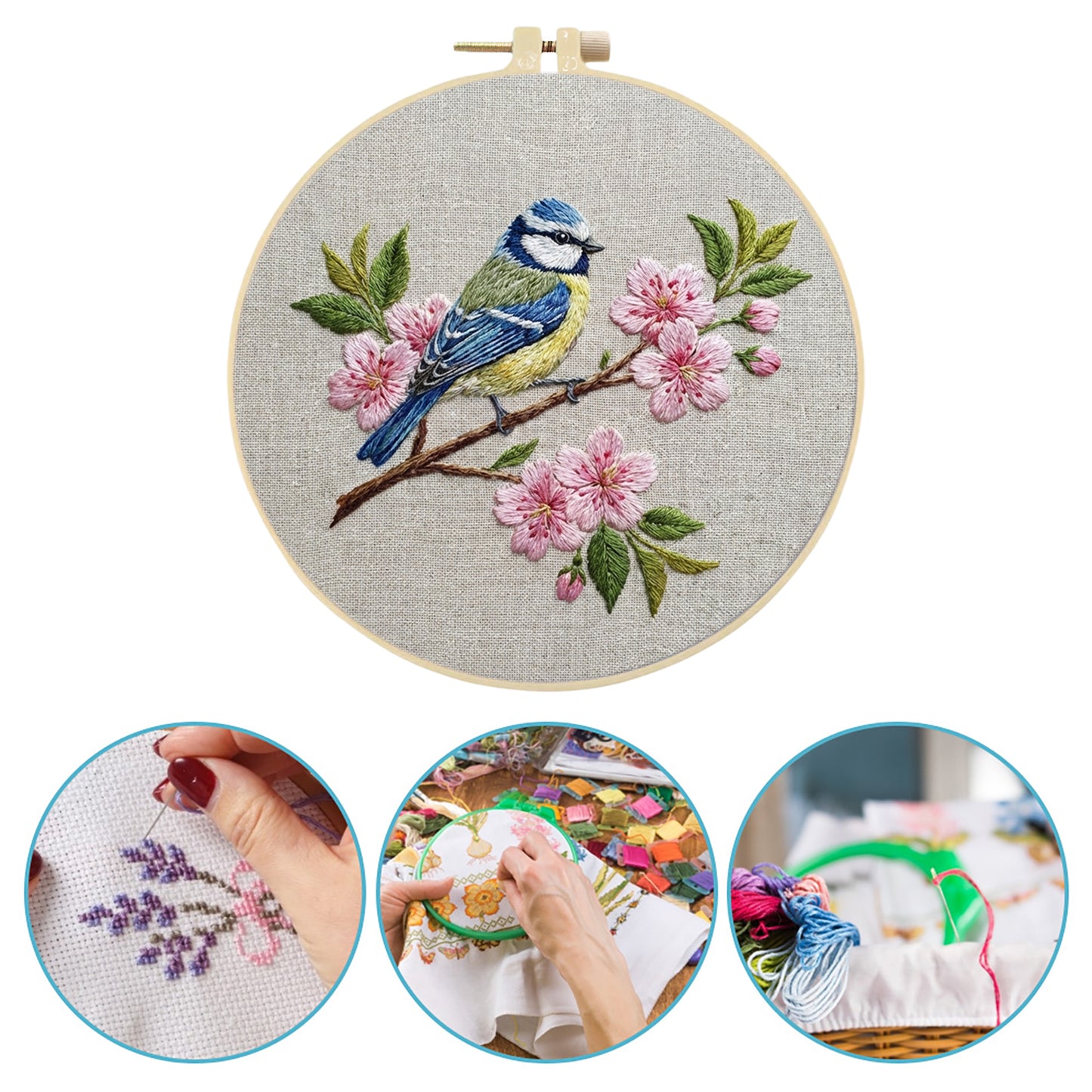 Cyanistes Caeruleus - DIY Embroidery Cross Stitch Kit with Pattern Cotton Threads Needles Hoop 30x30CM/11.81x11.81in