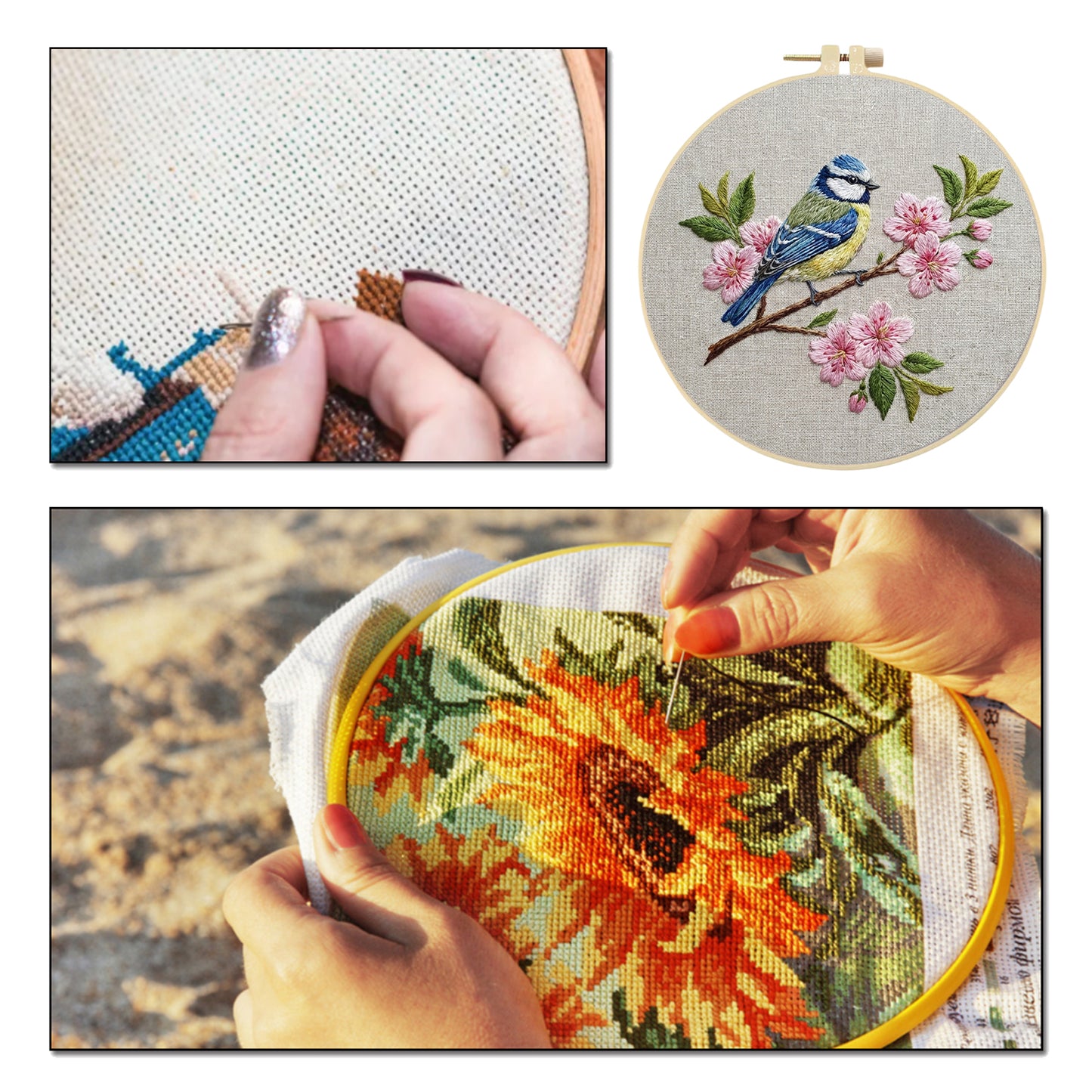 Cyanistes Caeruleus - DIY Embroidery Cross Stitch Kit with Pattern Cotton Threads Needles Hoop 30x30CM/11.81x11.81in