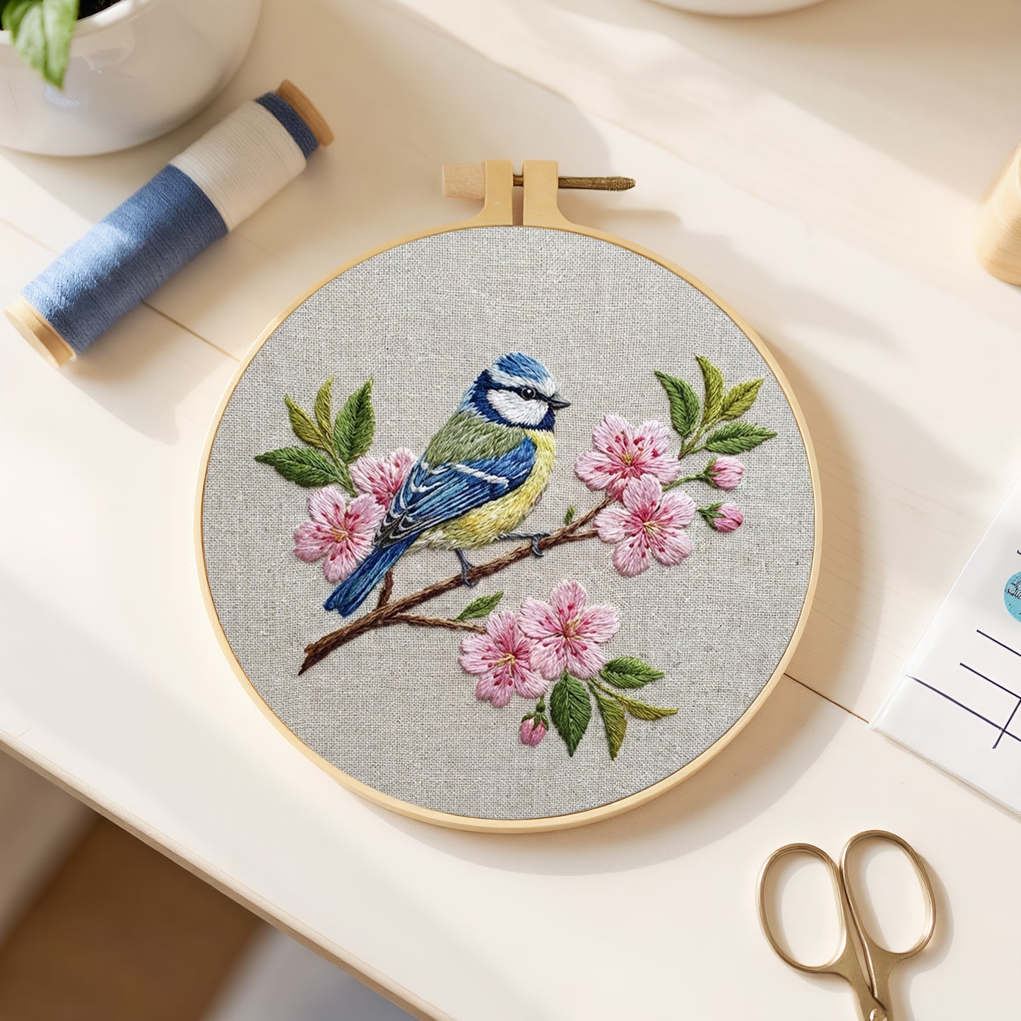 Cyanistes Caeruleus - DIY Embroidery Cross Stitch Kit with Pattern Cotton Threads Needles Hoop 30x30CM/11.81x11.81in
