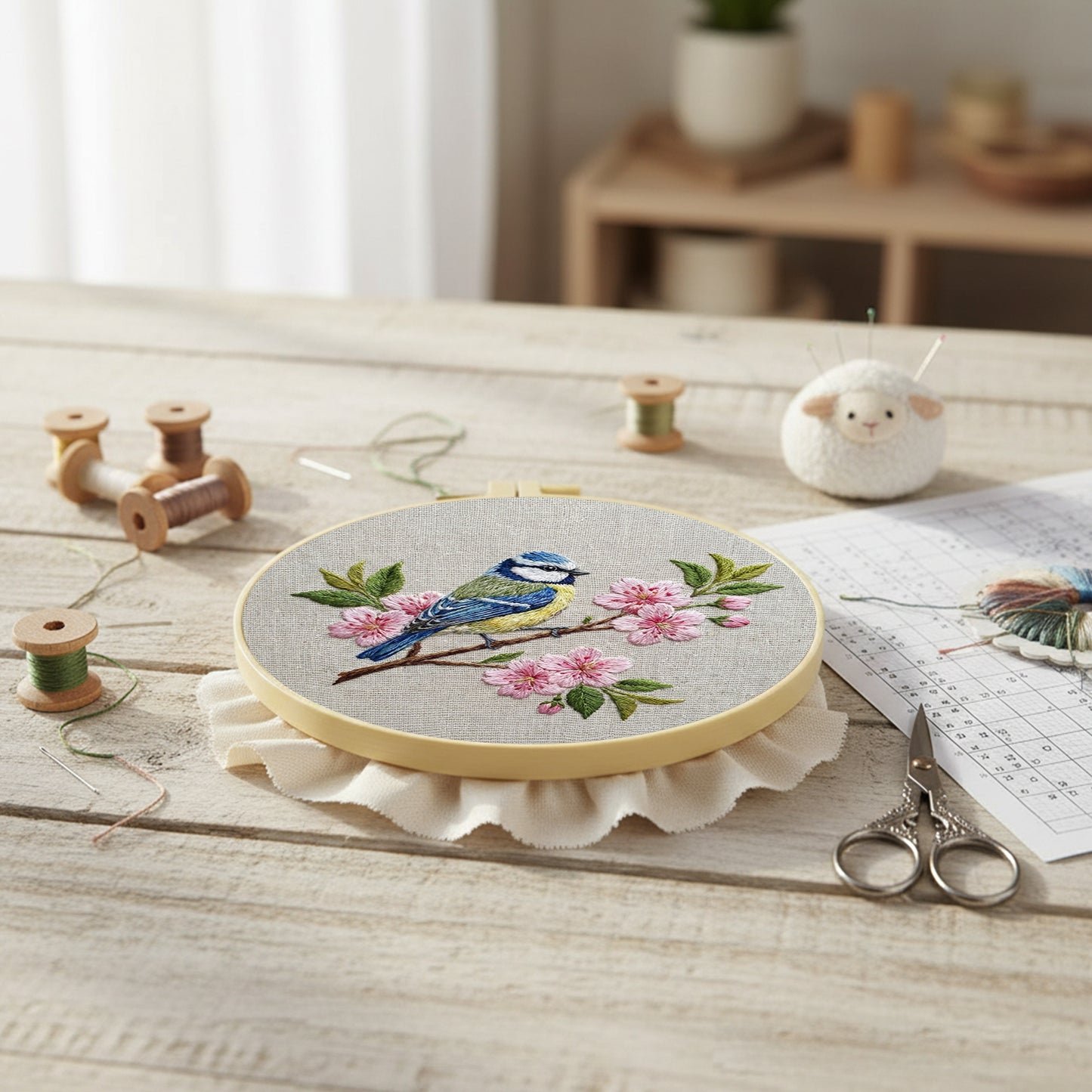 Cyanistes Caeruleus - DIY Embroidery Cross Stitch Kit with Pattern Cotton Threads Needles Hoop 30x30CM/11.81x11.81in