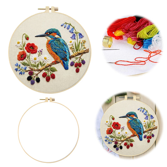 Alcedo Atthis - DIY Embroidery Cross Stitch Kit with Pattern Cotton Threads Needles Hoop 30x30CM/11.81x11.81in