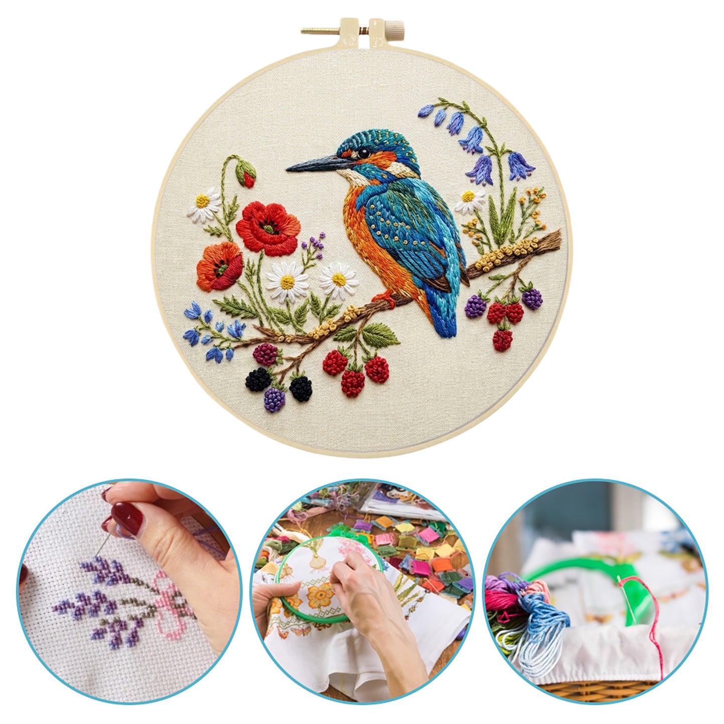 Alcedo Atthis - DIY Embroidery Cross Stitch Kit with Pattern Cotton Threads Needles Hoop 30x30CM/11.81x11.81in