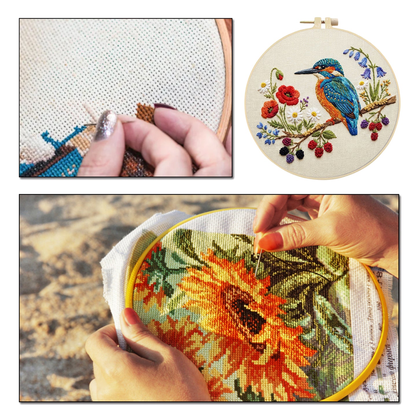Alcedo Atthis - DIY Embroidery Cross Stitch Kit with Pattern Cotton Threads Needles Hoop 30x30CM/11.81x11.81in
