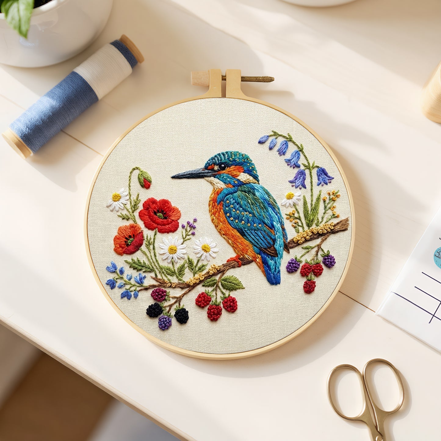 Alcedo Atthis - DIY Embroidery Cross Stitch Kit with Pattern Cotton Threads Needles Hoop 30x30CM/11.81x11.81in