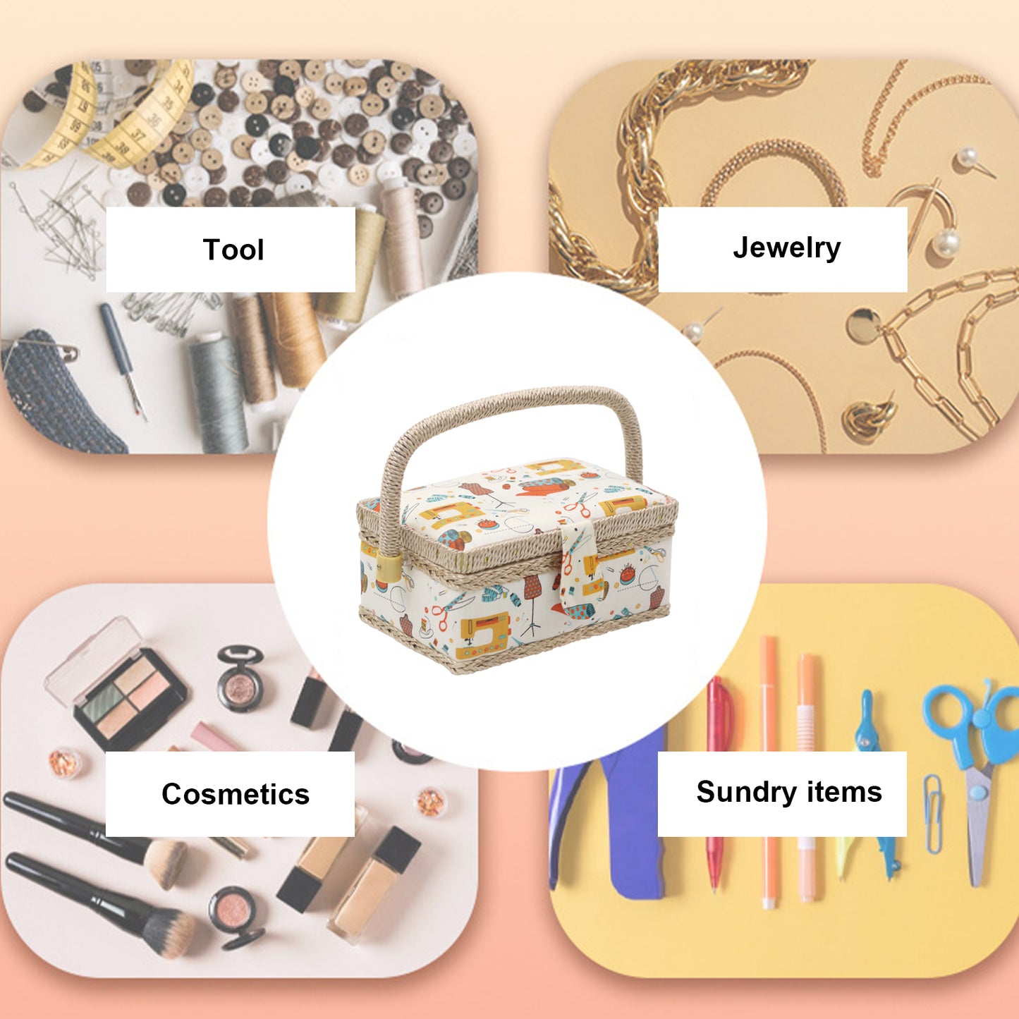 Wooden Sewing Kit Storage Box with Handle Sewing Kit Carrying Organizer with Removable Tray Large Capacity for Sew Mending Beginner Professional Gift (Orange sewing basket)