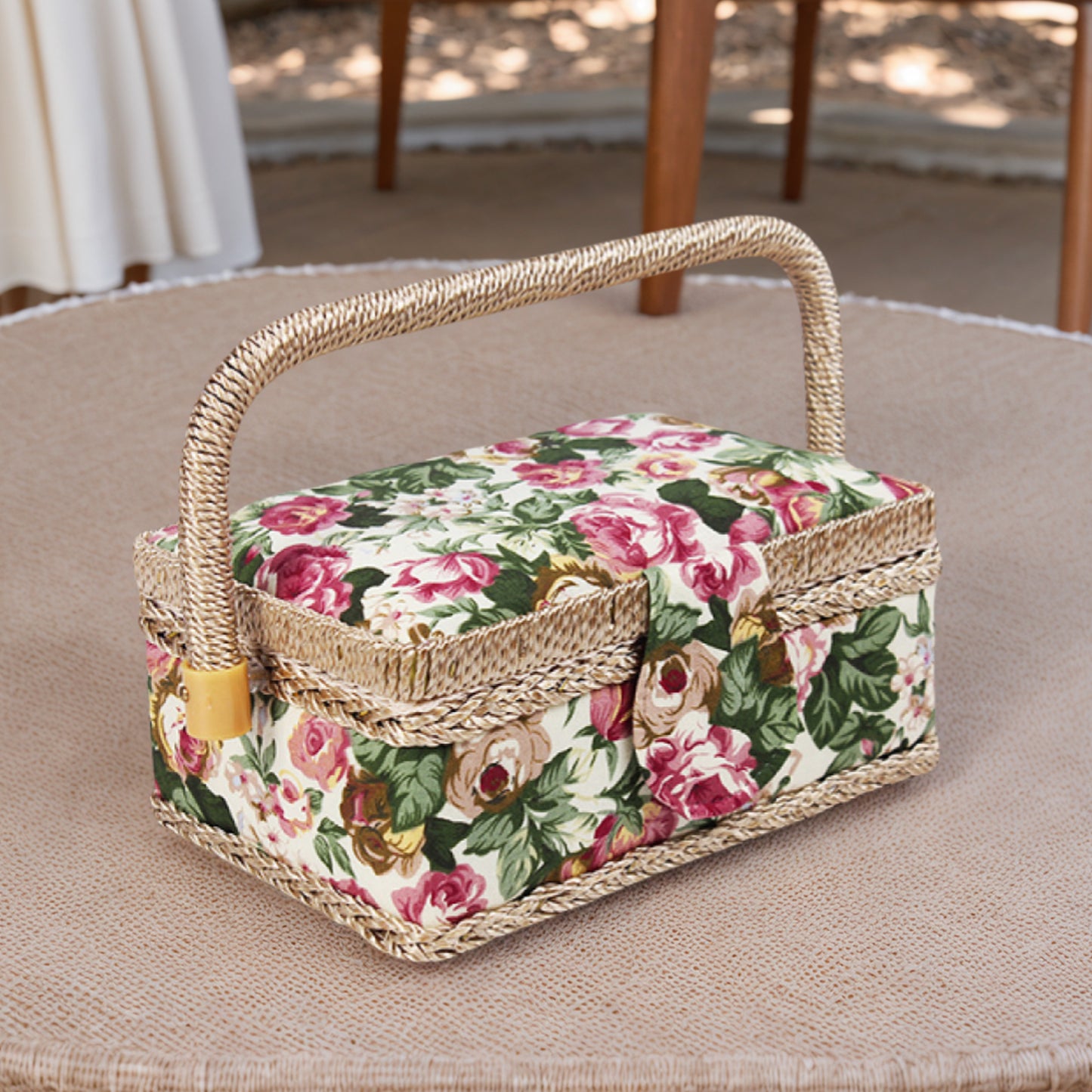 Wooden Sewing Kit Storage Box with Handle Sewing Kit Carrying Organizer with Removable Tray Large Capacity for Sew Mending Beginner Professional Gift (pastoral rose)