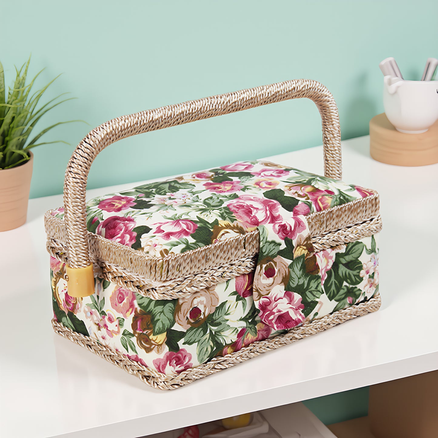 Wooden Sewing Kit Storage Box with Handle Sewing Kit Carrying Organizer with Removable Tray Large Capacity for Sew Mending Beginner Professional Gift (pastoral rose)