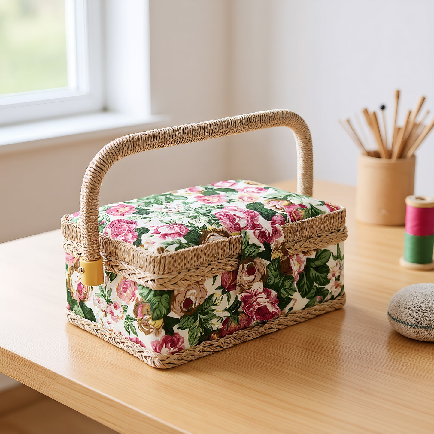 Wooden Sewing Kit Storage Box with Handle Sewing Kit Carrying Organizer with Removable Tray Large Capacity for Sew Mending Beginner Professional Gift (pastoral rose)