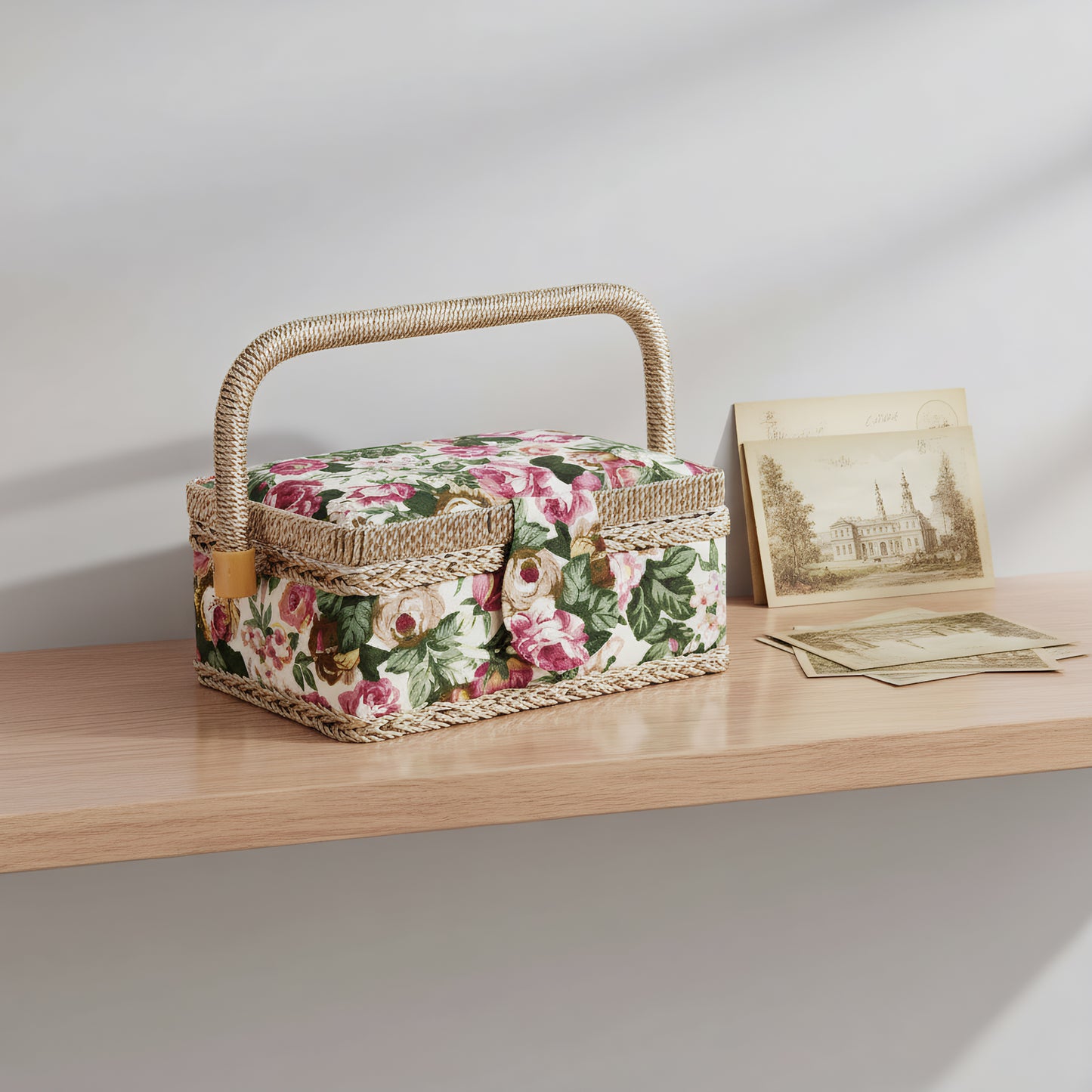 Wooden Sewing Kit Storage Box with Handle Sewing Kit Carrying Organizer with Removable Tray Large Capacity for Sew Mending Beginner Professional Gift (pastoral rose)