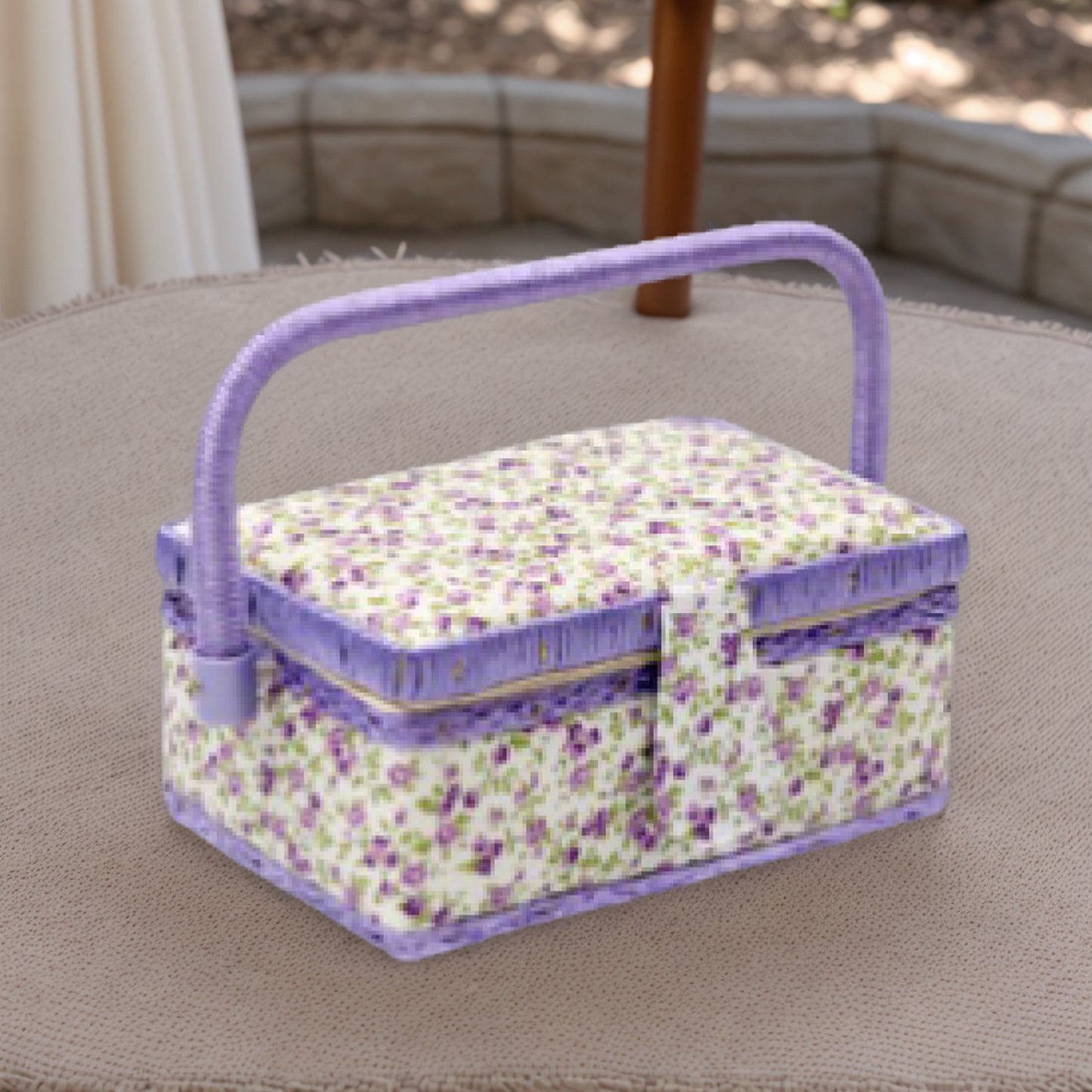 Wooden Sewing Kit Storage Box with Handle Sewing Kit Carrying Organizer with Removable Tray Large Capacity for Sew Mending Beginner Professional Gift (Purple floral)