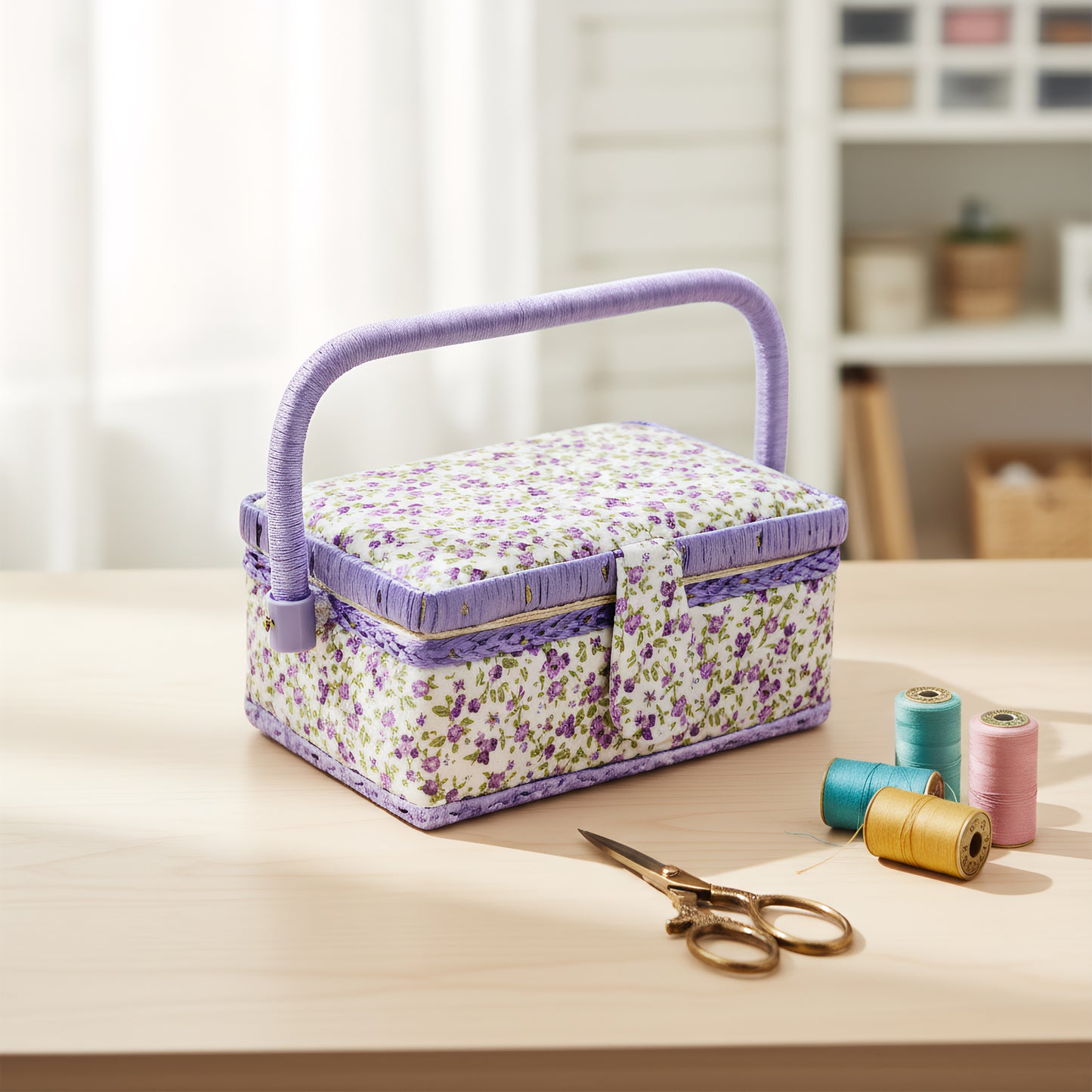 Wooden Sewing Kit Storage Box with Handle Sewing Kit Carrying Organizer with Removable Tray Large Capacity for Sew Mending Beginner Professional Gift (Purple floral)